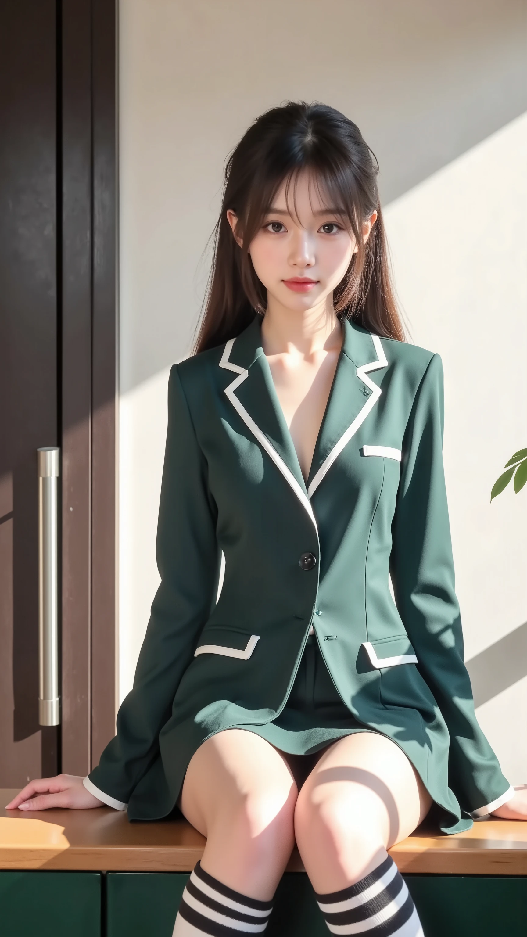 Girl Seated by the Edge with Her Legs Crossed, beautiful high school girl, moe art style, Best Girl, Cute Girlのビジュアル, Attractive girl , ((Also, Absolute domain, cute striped pants:1.3, Beautiful legs)), Cute Girl, smooth skin, Seductive Girl, JK uniform, ((BIG BREASTS)), Young Girl Sitting on Deck, (Highest Quality, 8K, RAW pictures), ultra high definition, masterpiece, (detailed hands:1.3, Perfectly Right Hand:1.3)