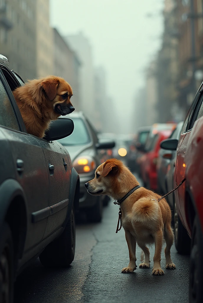 Dog, with his  in the air after  with a girl in the middle of the street