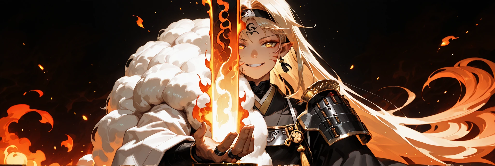 A short, solitary male character, a young teenager, about 1.5 meters tall. He stands alone against a deep black background, making him stand out vividly. His physique, face, and height are exactly like Lloyd de Saloum.

He has long blond hair, styled exactly like Alice Zuberg's from Sword Art Online, with a braid tied in the middle with a black ribbon before flowing freely. A black headband, identical to Alice Zuberg's, rests on his head. His golden eyes. His expression is provocative and confident, marked by a bold, mocking smile. He has pointy ears and a golden monkey tail. Blonde hair. Blonde hair

Outfit:
He wears an ornate white Chinese robe. Draped over his right shoulder is a flowing golden fur cloak (like Sesshoumaru’s), soft and radiant like a divine cloud, falling almost to the ground along his back. The cloak is fastened with gold medals and chains that cross to his left shoulder. He has a golden pauldron on his left shoulder with the design of an oni face.

Weapon:
In his right hand, he firmly grips a gigantic Japanese greatsword with a golden blade and black details on the blade with three black rings attached to the blade. The guard and hilt of the greatsword are black and there is dark energy emanating from the blade.

In his left hand, he holds a golden flame with glowing points, radiating power. In his left hand, he holds a golden flame with glowing points, radiating power. In his left hand, he holds a golden flame with glowing

Pose and Atmosphere:
He assumes a bold, dynamic battle stance, facing the viewer directly with a playful yet arrogant look. His left hand conjures a golden sphere of energy streaked with glowing red sparks, radiating raw power.

Atmosphere and Style:
Male character, youthful energy.
Ultra-detailed, sharp, clean anime style. Deep black background with cinematic lighting accentuating his short stature and powerful aura. Golden jeweled earrings glimmer in the light.

The character is a boy. The character is male.