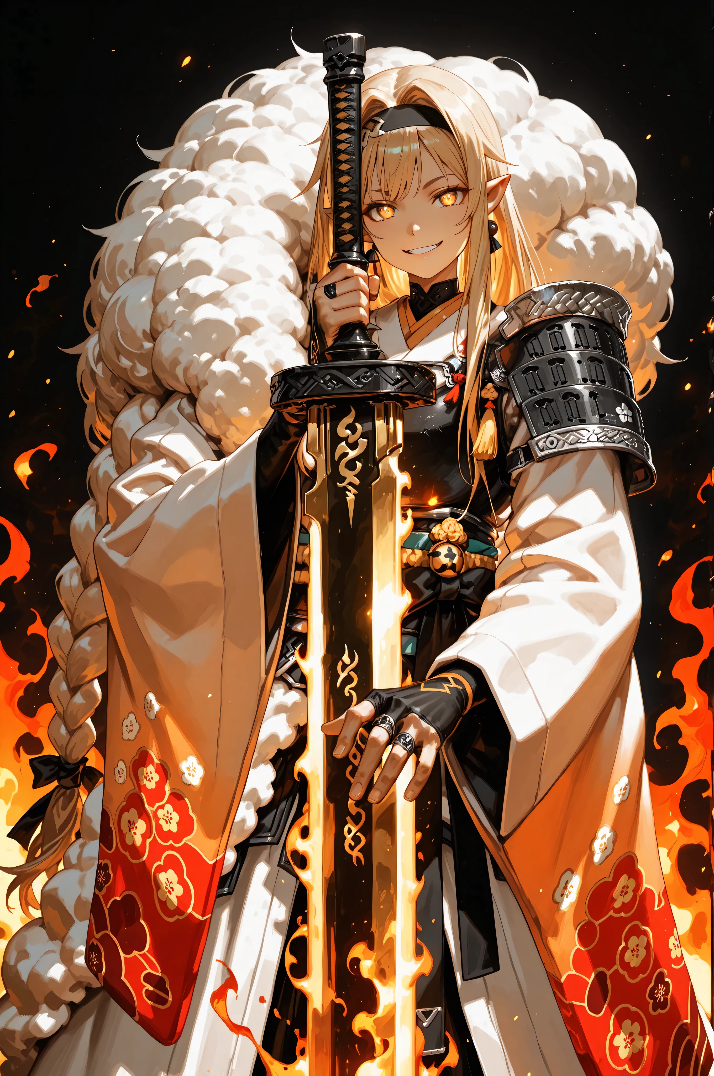 A short, solitary male character, a young teenager, about 1.5 meters tall. He stands alone against a deep black background, making him stand out vividly. His physique, face, and height are exactly like Lloyd de Saloum.

He has long blond hair, styled exactly like Alice Zuberg's from Sword Art Online, with a braid tied in the middle with a black ribbon before flowing freely. A black headband, identical to Alice Zuberg's, rests on his head. His golden eyes shine brightly. His expression is provocative and confident, marked by a bold, mocking smile. He has pointy ears and a golden monkey tail. Blonde hair. Blonde hair

Outfit:
He wears an ornate white Chinese robe. Draped over his right shoulder is a flowing golden fur cloak (like Sesshoumaru’s), soft and radiant like a divine cloud, falling almost to the ground along his back. The cloak is fastened with gold medals and chains that cross to his left shoulder. He has a golden pauldron on his left shoulder with the design of an oni face.

Weapon:
In his right hand, he firmly grips a gigantic Japanese greatsword with a golden blade and black details on the blade with three black rings attached to the blade. The guard and hilt of the greatsword are black and there is dark energy emanating from the blade.

In his left hand, he holds a golden flame with glowing points, radiating power. In his left hand, he holds a golden flame with glowing points, radiating power. In his left hand, he holds a golden flame with glowing

Pose and Atmosphere:
He assumes a bold, dynamic battle stance, facing the viewer directly with a playful yet arrogant look. His left hand conjures a golden sphere of energy streaked with glowing red sparks, radiating raw power.

Atmosphere and Style:
Male character, youthful energy.
Ultra-detailed, sharp, clean anime style. Deep black background with cinematic lighting accentuating his short stature and powerful aura. Golden jeweled earrings glimmer in the light.

The character is a boy. The character is male.