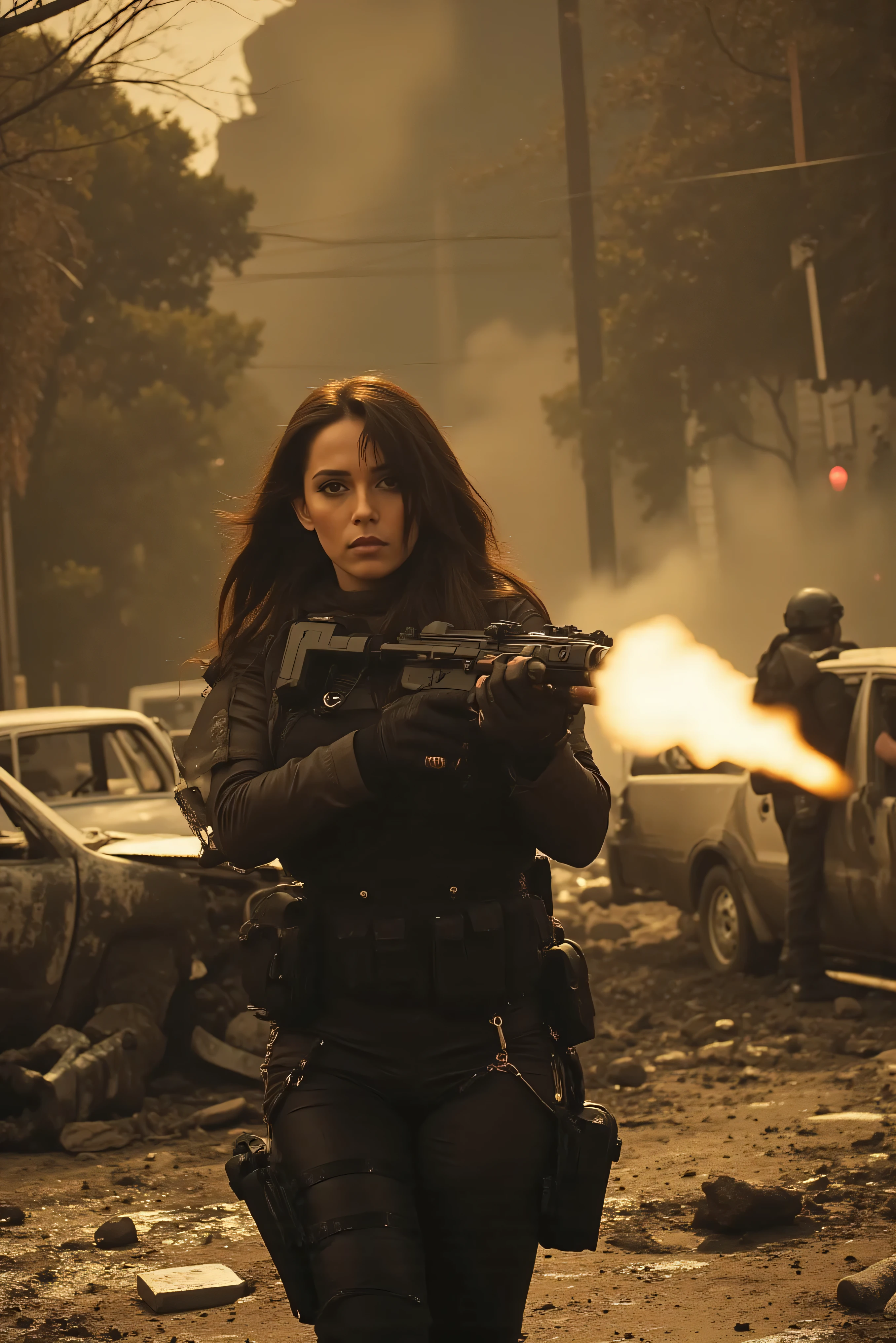 Ultra-realistic, photo-realistic, an ultra attractive woman with very long wavy dark hair, heavy black eye makeup up and wearing an all black SWAT type outfit is engaged in an urban warfare nightmare. The enormous automatic assault rifle she has blasts round after round in quick sessions as she shoots at the enemy from behind burnt-out vehicles she uses for cover. Authentic-looking muzzle flash is seen from the end of the barrel of the automatic weapon. Shell casings are quickly spit out of the side of the rifle The city is in complete ruin. Entire buildings are only half-standing, black and empty skeletal shells of what they were before being bombed, the streets'
asphalt is broken and street lights and power lines are down everywhere. The sky is dark from smoke and pollution with a brownish-yellow brightness that hangs in the air where the sun pitifully shines through While the ground is soaked from a leak at the local nuclear power plant, the liquid left over is multicolored, fizzing, and scary-looking. Large plumes of dust kick up around the woman as shots are fired at her and the bullets hit objects around her. A very dramatic action scene in an apocalyptic atrocity of a modern city turned into a battlefield. The background is a dystopian nightmare, and everything is destroyed. Cinematic photography, cinematography, realism, UHDR, hyperrealistic, physically-based rendering, realistic vision, urban warfare, automatic gunfire, injured civilians in the street, chaos, and the highest quality images. Ultra-realistic, photorealistic, battle in nuclear waste.