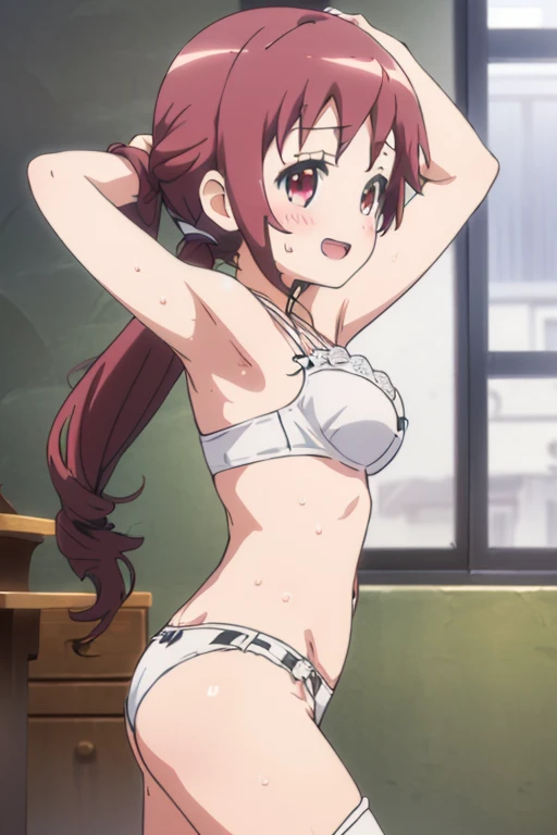 room, 1 Girl, Highest quality, Ultra-high resolution, Long Hair, Redhead, Green Eyes,Pink Bra、Pink Panties, Looking at the audience, Small ???????, Are standing , smile, Open your mouth