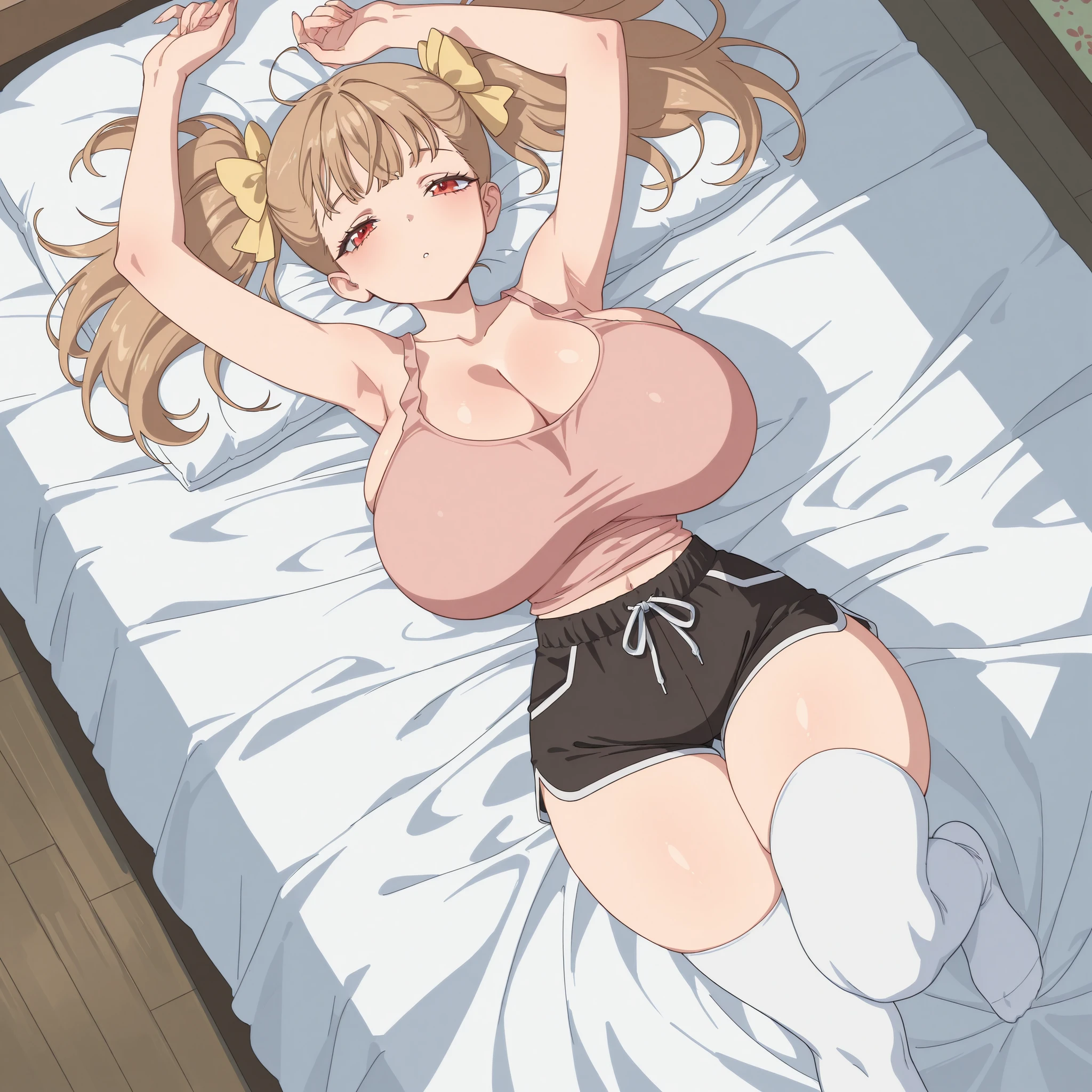masterpiece, ultra-HD, impressionism, high detail, best quality, very aesthetic, 8K, best quality, beautiful, ultra-high resolution, 32K UHD, 1girl, solo, Rumi, light brown hair, twin pigtails, middle bangs, hair ribbons, yellow ribbons, red eyes, eyelashes, , narrow waist, wide , thick thighs, shapely legs, slim, pink tank top, cleavage, black shorts, white thigh high socks, blushed, drowsy, tired, sleepy, cute, arms raised, lying down on bed, full body, looking at viewer, room background, above view