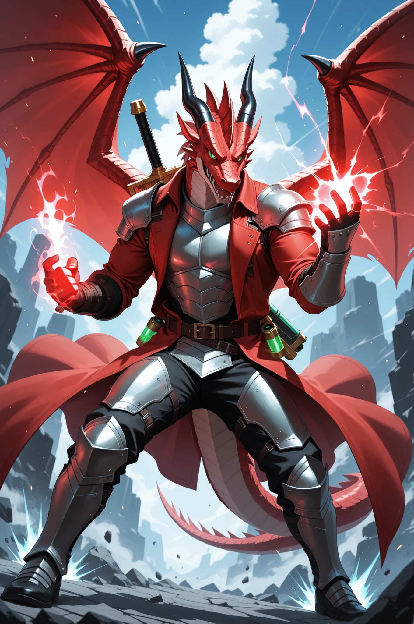 1boy, man, (anthro red dragon) male, green eyes, stylish, battle armor, long red coat, sword on back, 
BREAK
(holding magic gun), dynamic pose, action pose, 
BREAK
masterpiece, best quality, aesthetic,
