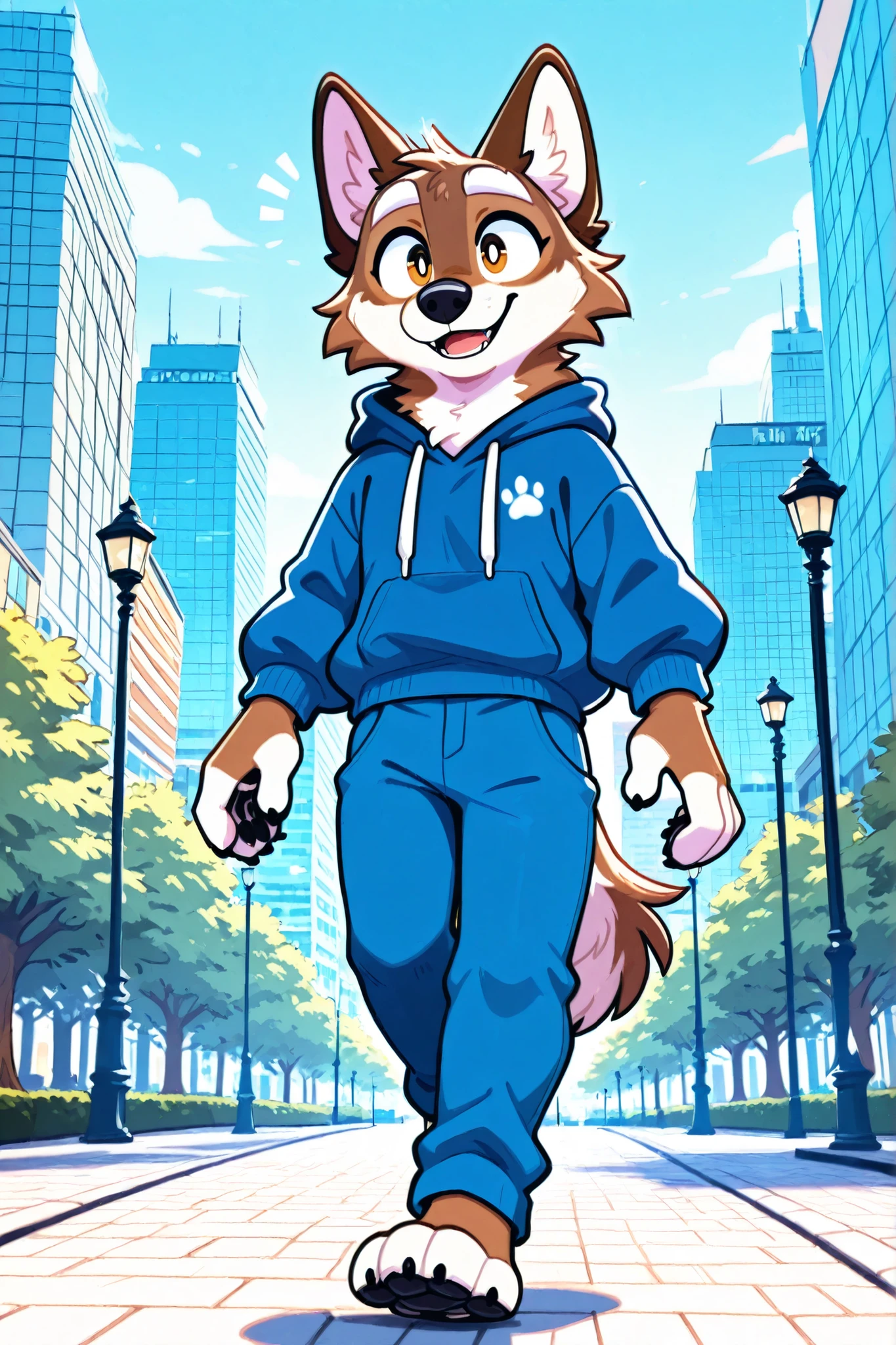 an brown wolf walking in the park at morning wearing a blue hoode and blue pants, brown fur:1, city background, happy expression, white eyebrows.