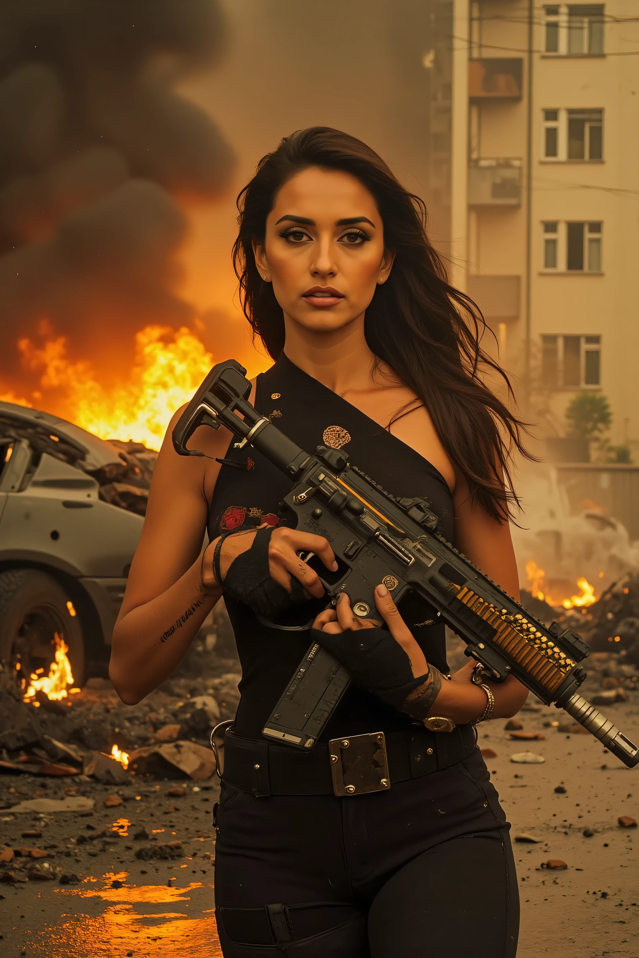 Ultra-realistic, photo-realistic, an ultra attractive woman with very long wavy dark hair, heavy black eye makeup up and wearing an all black SWAT type outfit is engaged in an urban warfare nightmare. The enormous automatic assault rifle she has blasts round after round in quick sessions as she shoots at the enemy from behind burnt-out vehicles she uses for cover. Authentic-looking muzzle flash is seen from the end of the barrel of the automatic weapon. Shell casings are quickly spit out of the side of the rifle The city is in complete ruin. Entire buildings are only half-standing, black and empty skeletal shells of what they were before being bombed, the streets'
asphalt is broken and street lights and power lines are down everywhere. The sky is dark from smoke and pollution with a brownish-yellow brightness that hangs in the air where the sun pitifully shines through While the ground is soaked from a leak at the local nuclear power plant, the liquid left over is multicolored, fizzing, and scary-looking. Large plumes of dust kick up around the woman as shots are fired at her and the bullets hit objects around her. A very dramatic action scene in an apocalyptic atrocity of a modern city turned into a battlefield. The background is a dystopian nightmare, and everything is destroyed. Cinematic photography, cinematography, realism, UHDR, hyperrealistic, physically-based rendering, realistic vision, urban warfare, automatic gunfire, injured civilians in the street, chaos, and the highest quality images. Ultra-realistic, photorealistic, battle in nuclear waste.