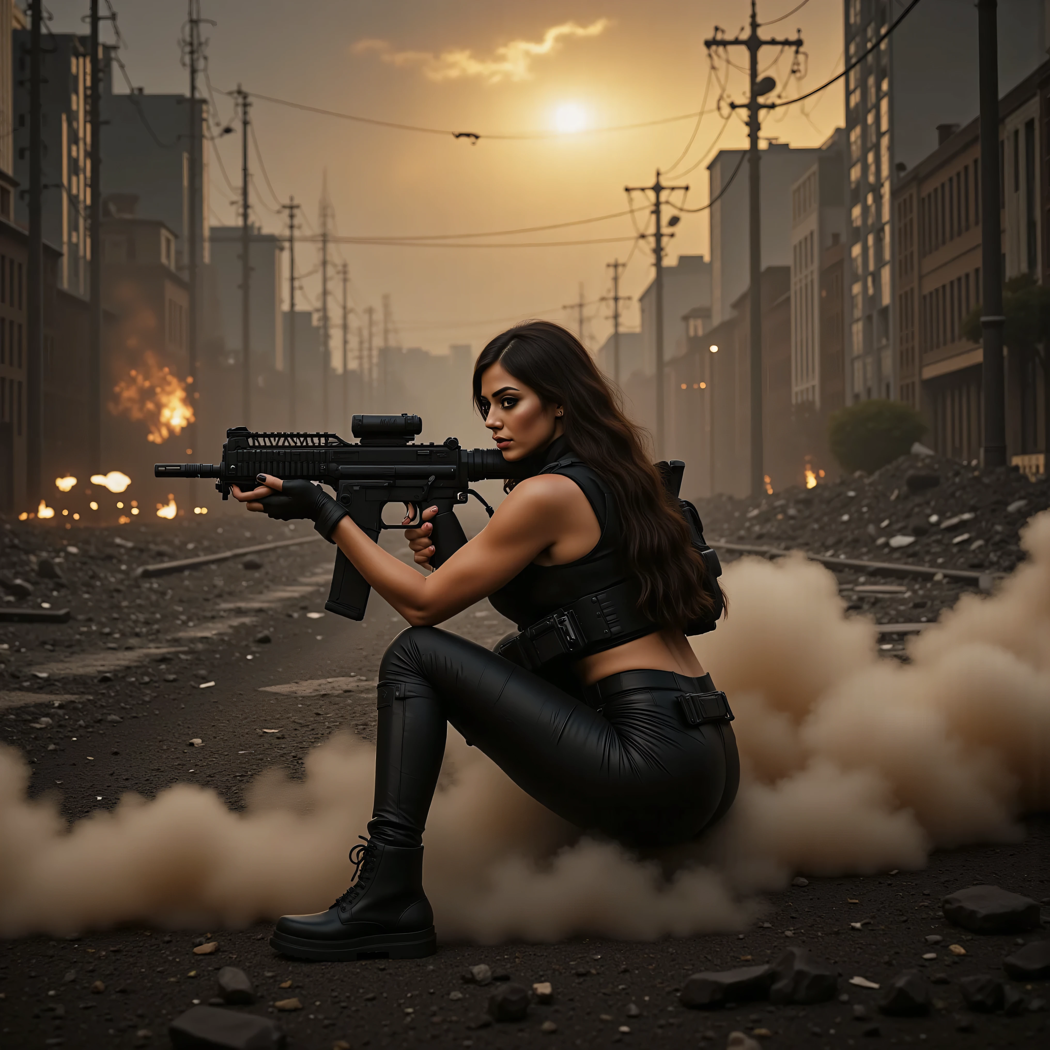 Ultra-realistic, photo-realistic, an ultra attractive woman with very long wavy dark hair, heavy black eye makeup up and wearing an all black SWAT type outfit is engaged in an urban warfare nightmare. The enormous automatic assault rifle she has blasts round after round in quick sessions as she shoots at the enemy. Authentic-looking muzzle flash is seen from the end of the barrel of the automatic weapon. Shell casings are quickly spit out of the side of the rifle The city is in complete ruin. Entire buildings are only half-standing, black and empty skeletal shells of what they were before being bombed, the streets'
asphalt is broken and street lights and power lines are down everywhere. The sky is dark from smoke and pollution with a brownish-yellow brightness that hangs in the air where the sun pitifully shines through While the ground is soaked from a leak at the local nuclear power plant, the liquid left over is multicolored, fizzing, and scary-looking. Large plumes of dust kick up around the woman as shots are fired at her and the bullets hit objects around her. A very dramatic action scene in an apocalyptic atrocity of a modern city turned into a battlefield. The background is a dystopian nightmare, and everything is destroyed. Cinematic photography, cinematography, realism, UHDR, hyperrealistic, physically-based rendering, realistic vision, and the highest quality images.