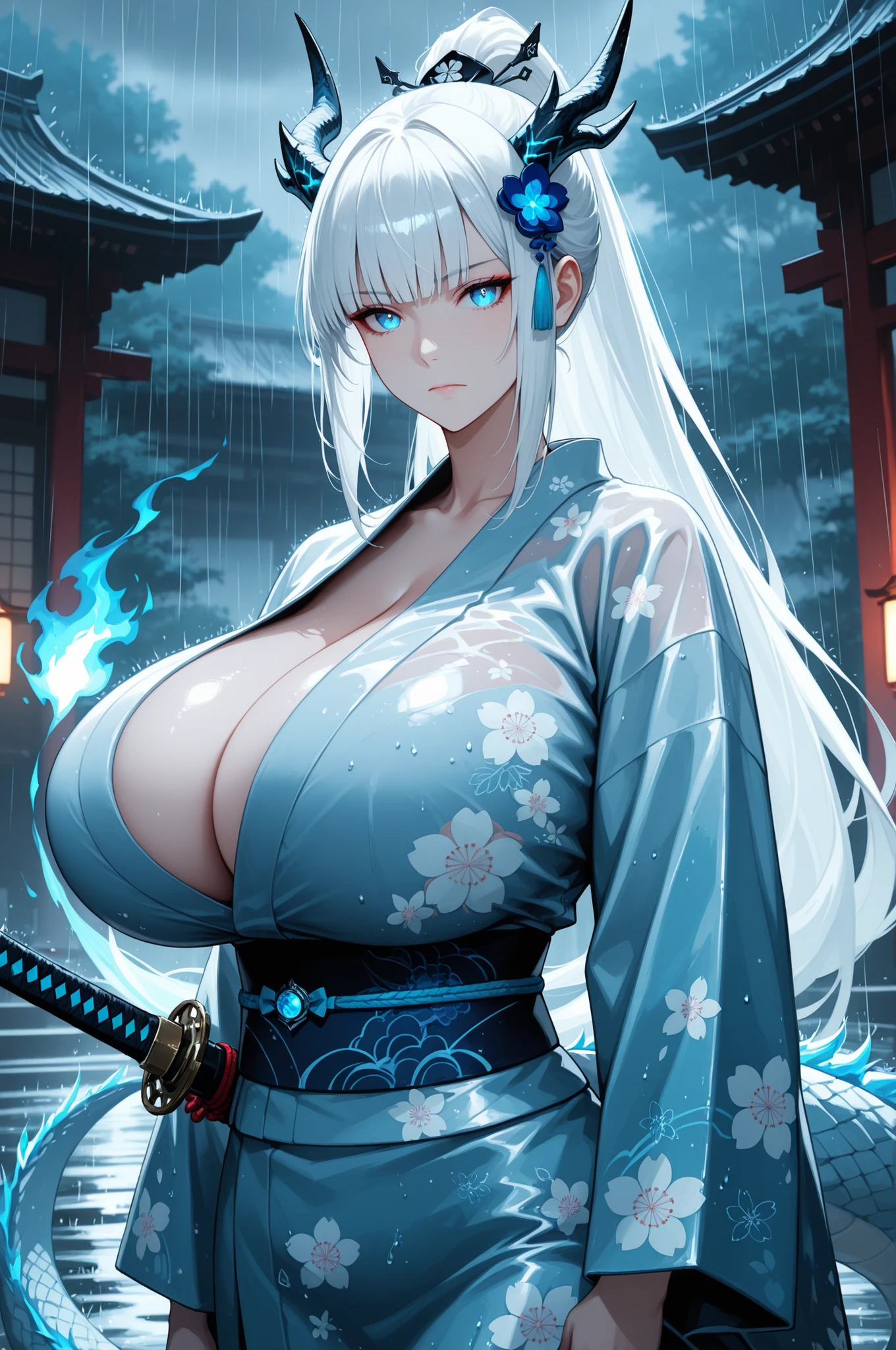 masterpiece,best quality,1girl,solo,absurdres,
1girl,weapon,sword,blue eyes,solo,horns,japanese clothes,kimono,tail,katana,ponytail,white hair,looking at viewer,rain,bangs,hair ornament,glowing,sash,dragon girl,long sleeves,floral print,dragon tail,closed mouth,obi,blue fire,long hair,dragon horns,wide sleeves,
upper body, 