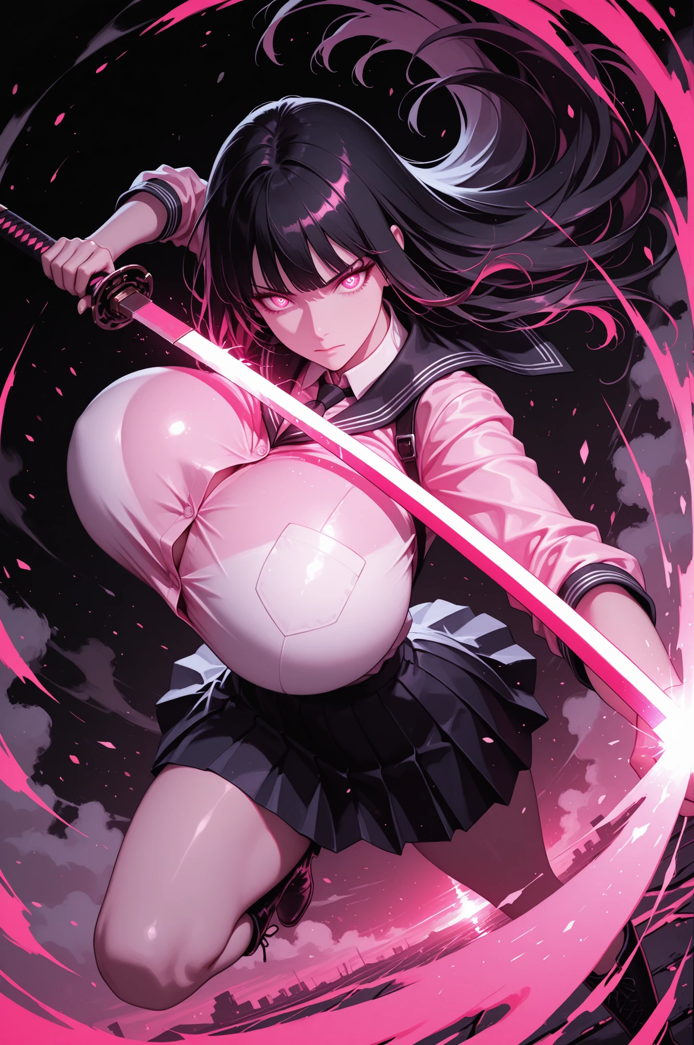 (((Masterpiece))), top Quality, dynamic composition, 1girl, hand on katana, unsheathing, school uniform, solo, black hair, looking at viewer, bangs,  fuchsia eyes, long hair, closed mouth, embers, black background, boots, dynamic pose, dutch angle,foreshortening, twilight, glowing, ink background, abstract background, bright colors, dark, pink theme, gray smoke, neon trim, ,