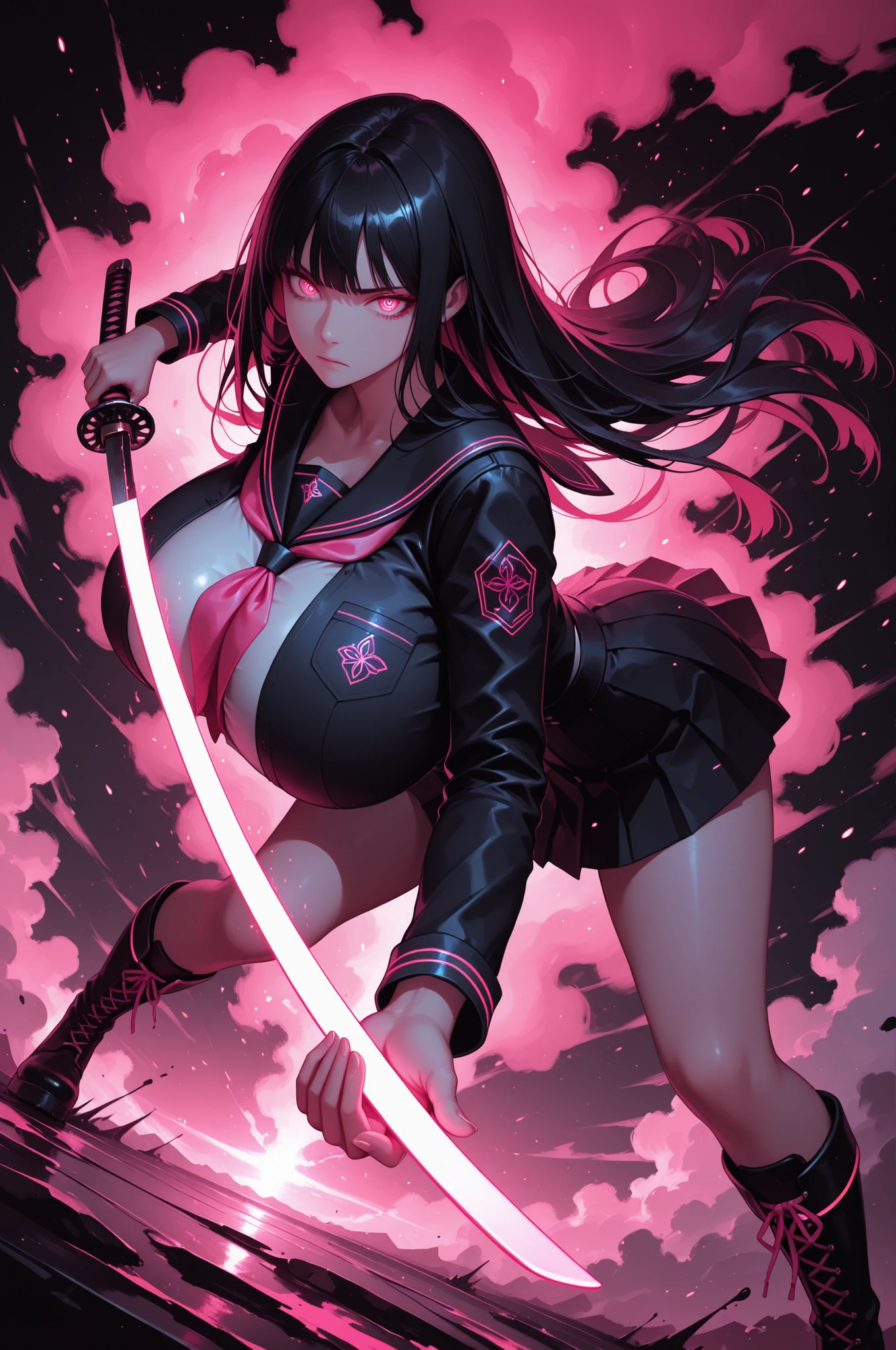 (((Masterpiece))), top Quality, dynamic composition, 1girl, hand on katana, unsheathing, school uniform, solo, black hair, looking at viewer, bangs,  fuchsia eyes, long hair, closed mouth, embers, black background, boots, dynamic pose, dutch angle,foreshortening, twilight, glowing, ink background, abstract background, bright colors, dark, pink theme, gray smoke, neon trim, ,