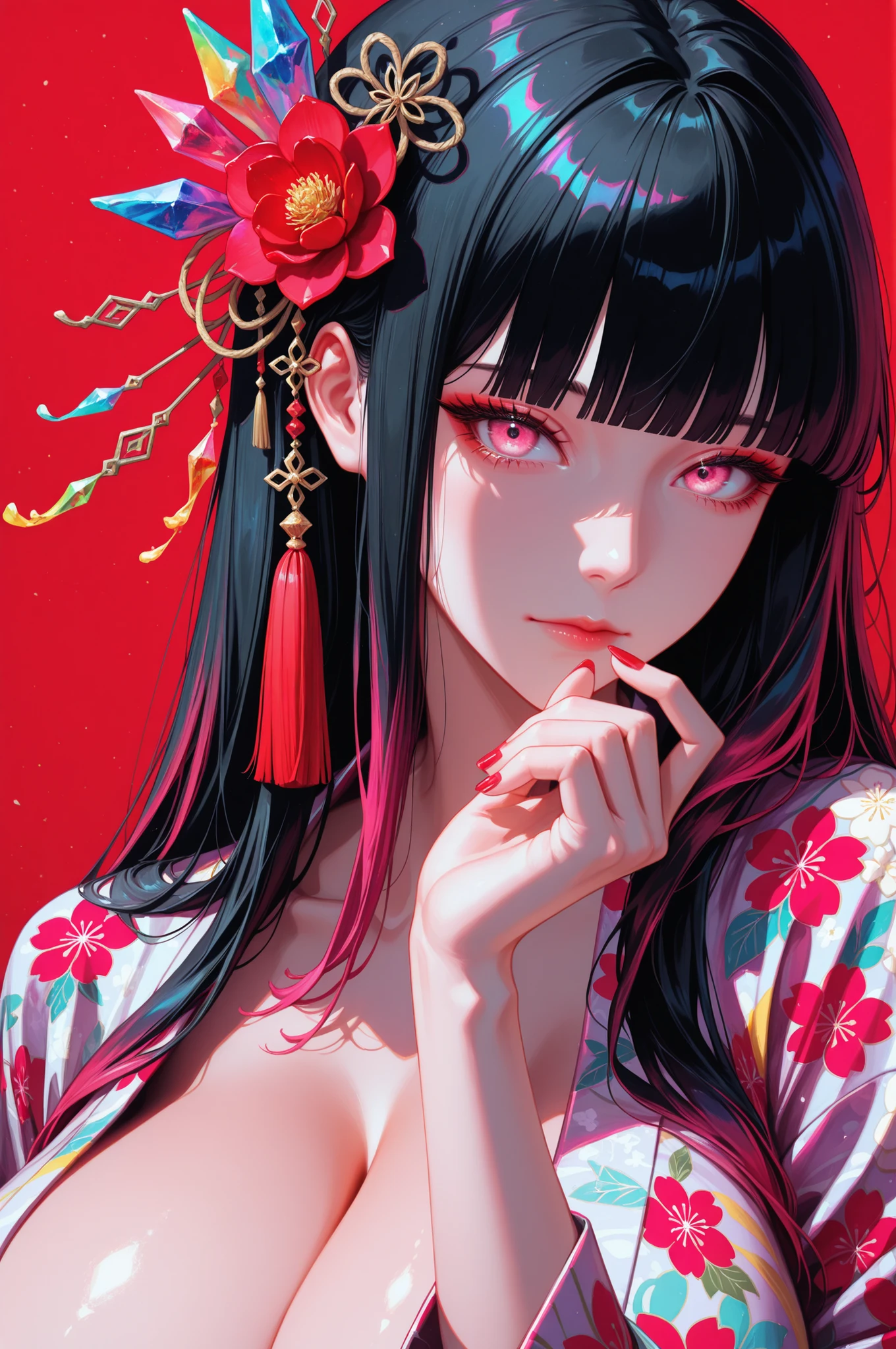 woman, solo, ethereal, crystal red nails, looking at viewer, bangs, pink eyes, long hair, black hair, hair ornament, hand up, flower, blunt bangs, closed mouth, tassel, ribbon, portrait, colorful, floral yukata, multicolored hair, upper body,  , facing forward, simple background, red_background,