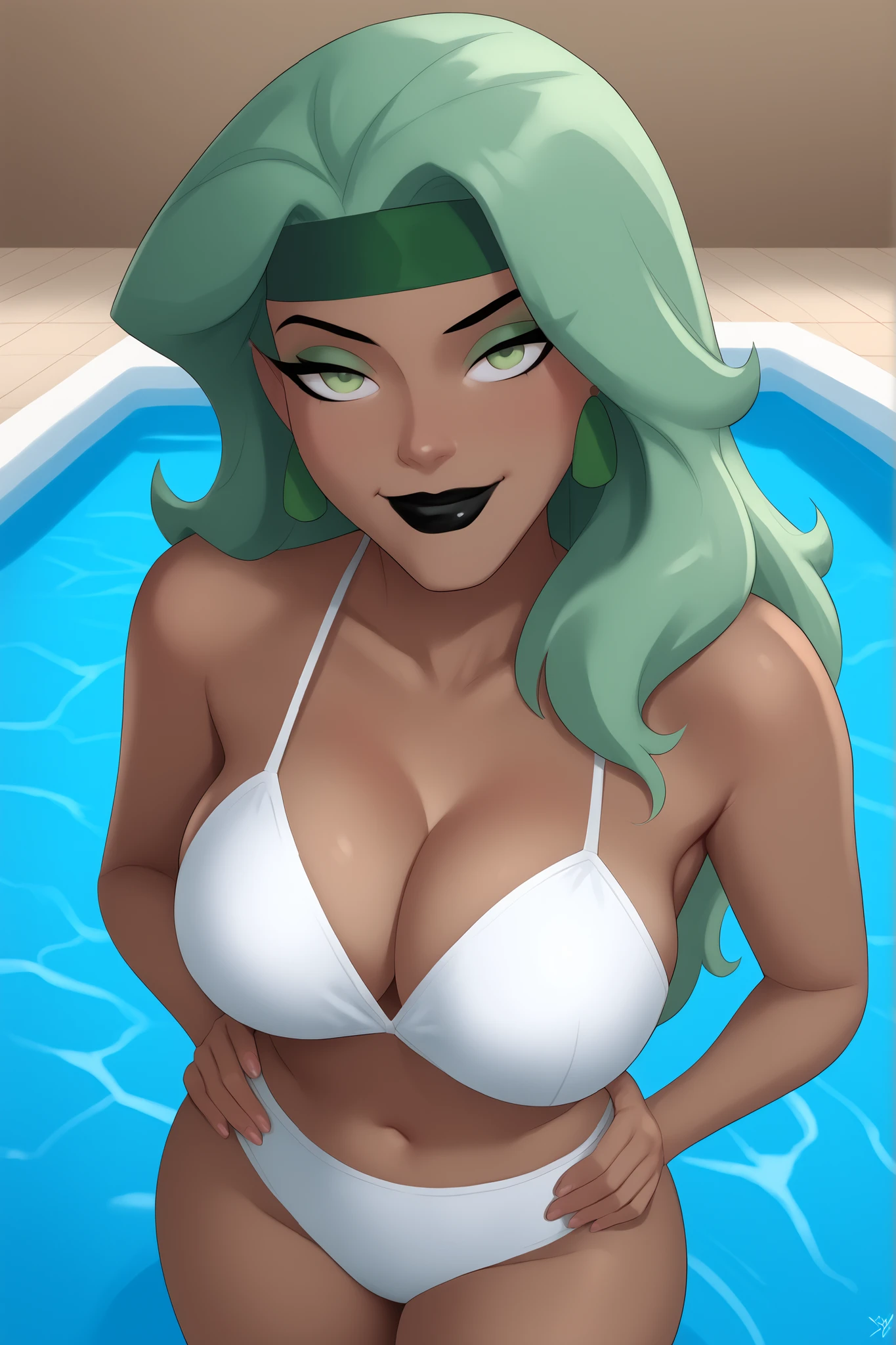 safe_pos, PonyXLV6_Scores BREAK ((parody)), perfect , cowboy shot) beatriz bonilla da costa, long hair, green hair, green eyes, dark-skinned female, lipstick, black lips, ((looking at viewer)), seducing viewer, teasing viewer, headband, earrings, cleavage, busty, white top, white bottom, curvy, athletic, very , indoors, pool, smile, closed mouth, expression, bedroom eyes, standing, high-angle view, green eyeshadow, closeup, portrait, upper body, thick thighs, wide , hands on waist