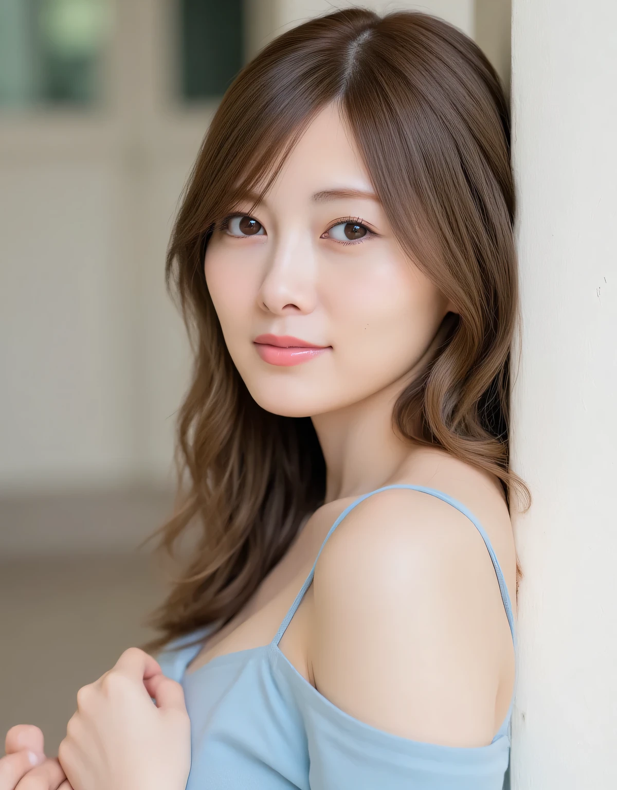 1girl, 20yo, young girl, japanese girl, dark brown long hair, (wearing light blue neat tank top with thin strap, plated mini skirt), open button, unbutton, photo selfie, close up, natural big breasts, skinny, cleavage. leaning on a wall, (one arm crossed), is outdoors in the morning against the background of the terrace of a house with shabby ivory white walls, window glass in the upper left corner, shades of simple Indonesian house.
Natural light soft and diffused from the front, casts very minimal shadows and makes the face look clean and naturally radiant,
overall color tone neutral to cold, creates a clean feel, lembut, and subtly glamorous. calm and graceful facial expression, with bright, light-reflecting eyes.
portrait sideways to the side and full body, ranging from dr close to top of head to toe, This is perfect for use on social media such as Instagram Story
