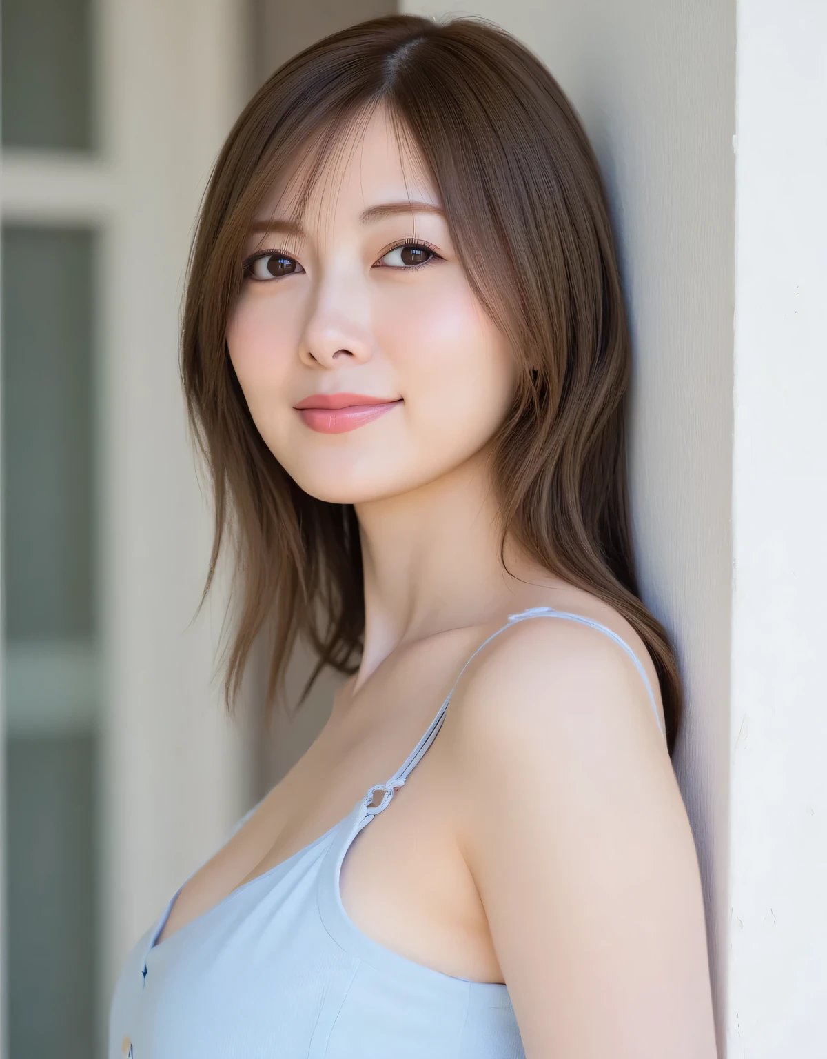 1girl, 20yo, young girl, japanese girl, dark brown long hair, (wearing light blue neat tank top with thin strap, plated mini skirt), open button, unbutton, photo selfie, close up, natural big breasts, skinny, cleavage. leaning on a wall, (one arm crossed), is outdoors in the morning against the background of the terrace of a house with shabby ivory white walls, window glass in the upper left corner, shades of simple Indonesian house.
Natural light soft and diffused from the front, casts very minimal shadows and makes the face look clean and naturally radiant,
overall color tone neutral to cold, creates a clean feel, lembut, and subtly glamorous. calm and graceful facial expression, with bright, light-reflecting eyes.
portrait sideways to the side and full body, ranging from dr close to top of head to toe, This is perfect for use on social media such as Instagram Story