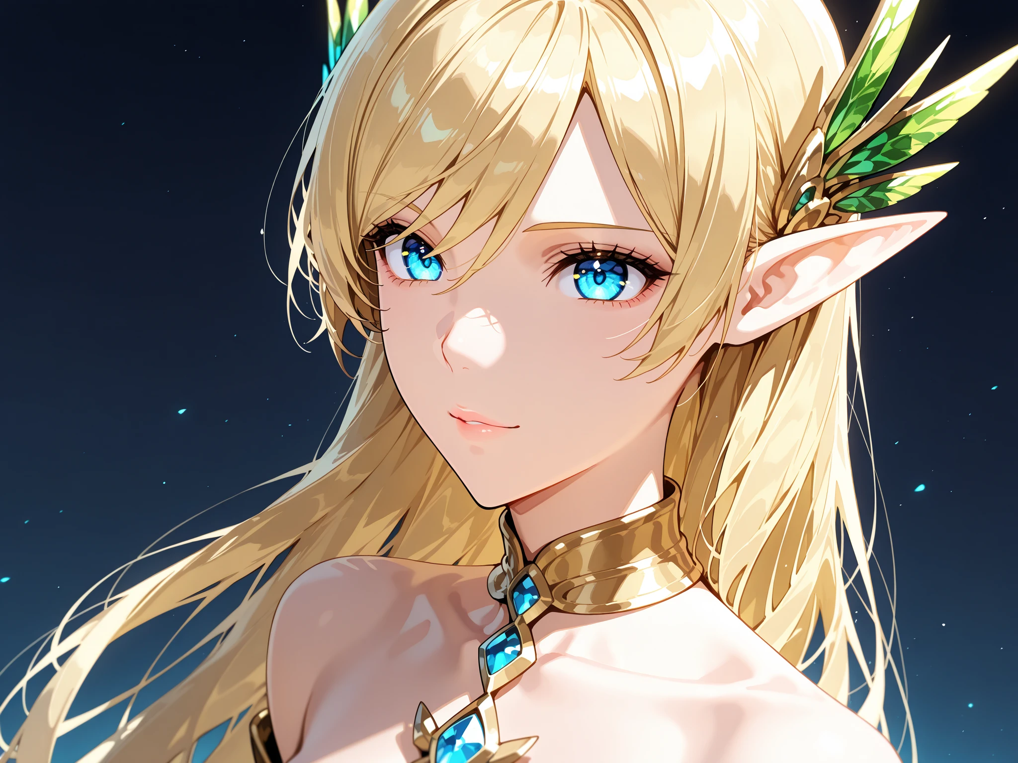​masterpiece、top-quality、ighly detailed、hight resolution、１６ｋ、、teats、 proportions、golden armour、Very thin skirt、Full body like、Very white skin、Beautiful fingers、Anime girl with very  posing 、Perfect Style、elvish、no-、Blonde blue-eyed、A smile、An elf girl