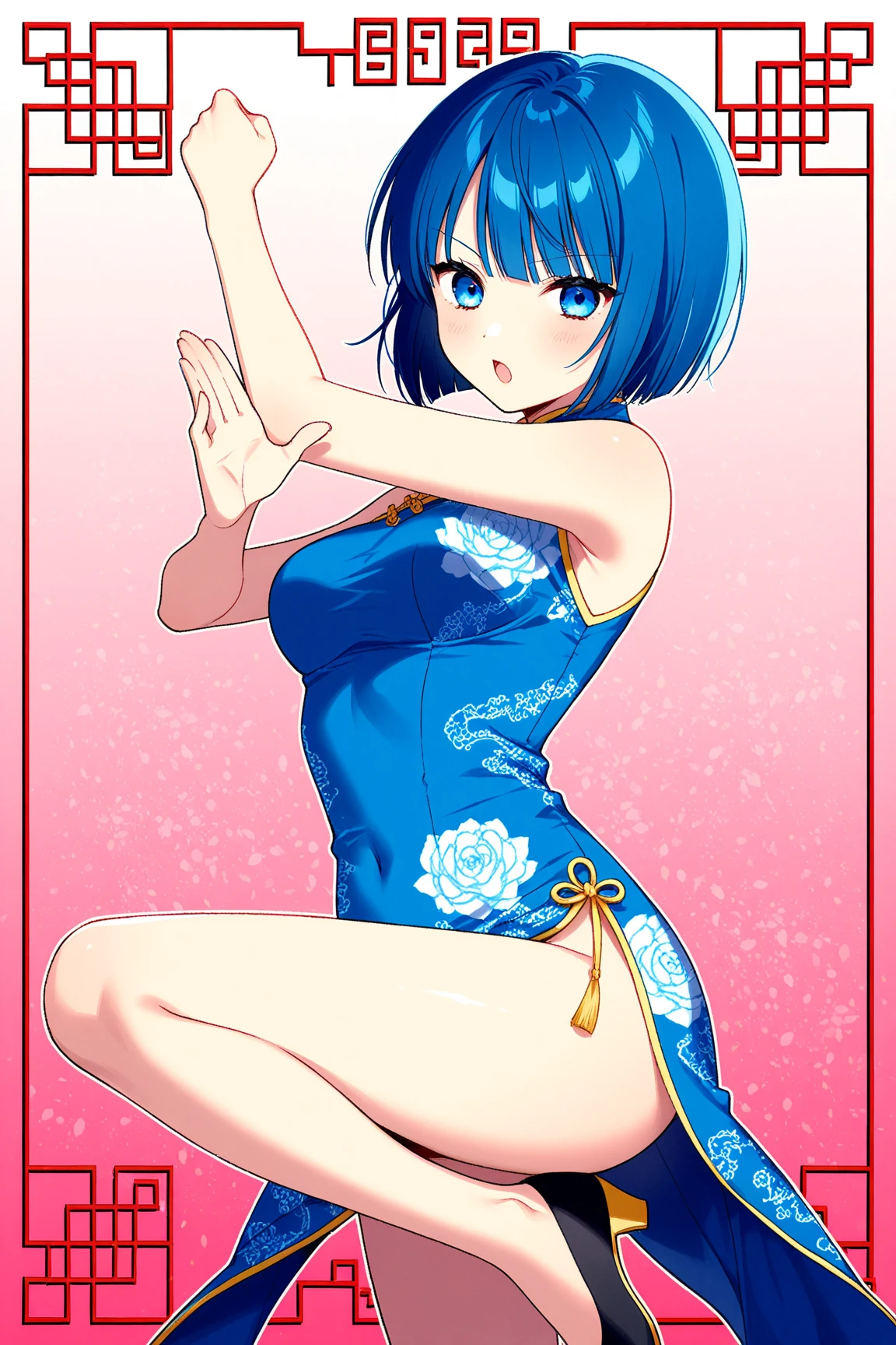 zzLana, blue eyes, short hair, bright pupils,   thighhighs, dress, bow, short sleeves, black footwear, mary janes, black dress, white thighhighs, chinese clothes, china dress, pelvic curtain
,curvy, smile, looking at viewer, pretty background, dynamic pose,