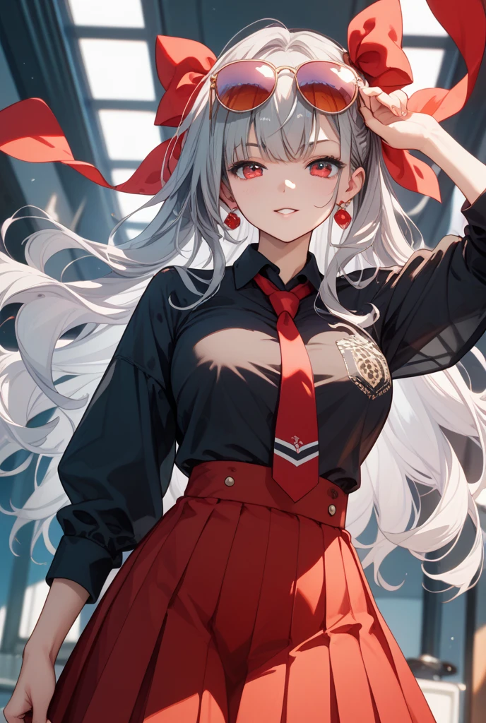 closed mouth, , looking at the audience, white hair,,long hair,black horn,red multicolored hair,yellow eyes,,,,office lady,office room,standing,slim,business suit　,cowboy shot,,office lady,business suit,1 office worker,an office worker,necktie,grin