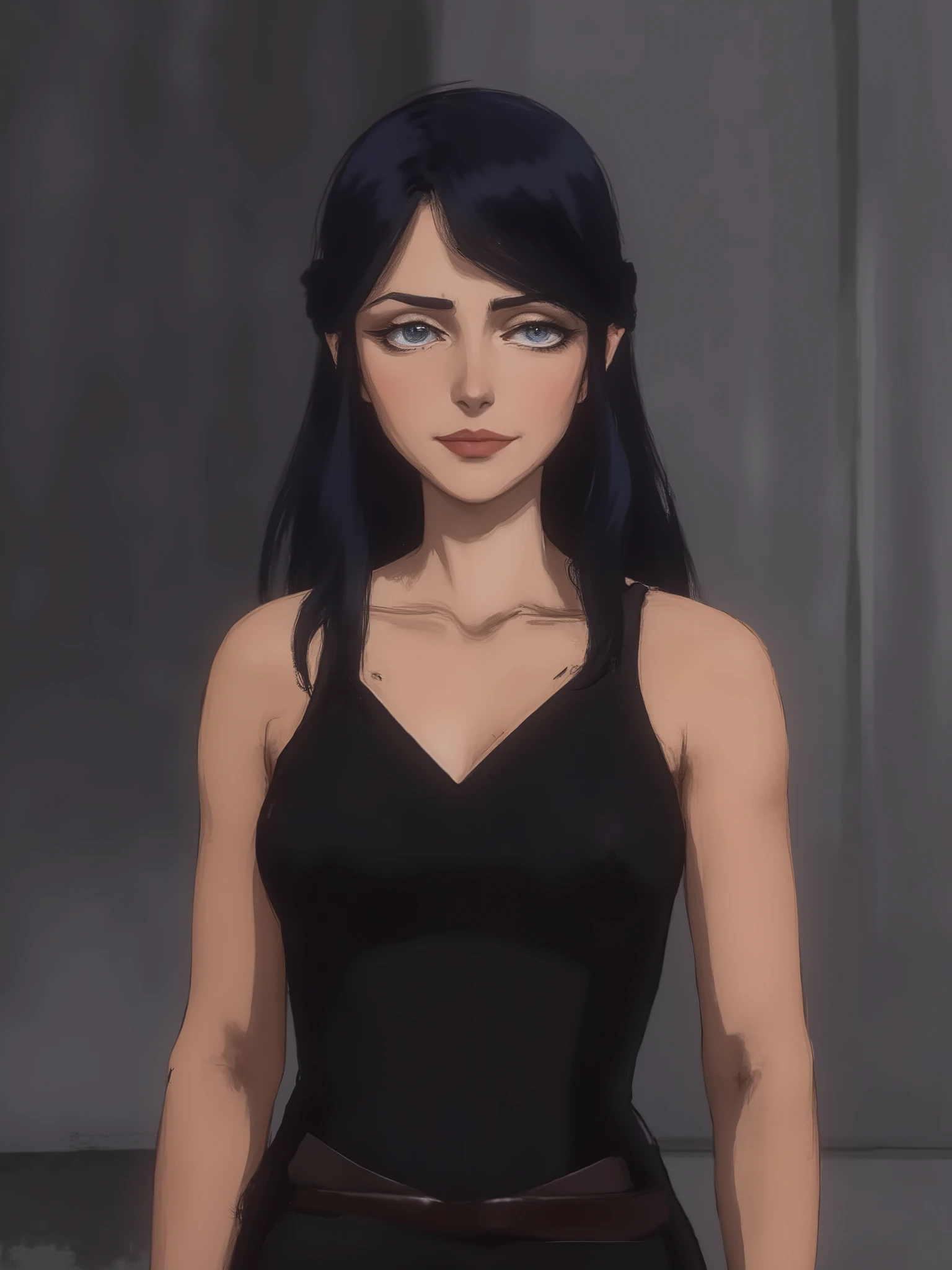 sketch painting, marinette Dopanchan, A very beautiful and cute 22 year old woman with a slight smile. (((Shy smile))), sharp focus on the face, (((Western eyes:1.5))), (((Extremely detailed ice-blue eyes, beautiful eyes, beautifully detailed eyes))), (((delicately detailed thin pink lips))), (((long hair, shiny hair))), (((black medieval steampunk style sleeveless t-shirt))), (((Dark Blue medieval steampunk style leather warrior pants))), (((full body view, dynamic pose, standing:1.5, graceful pose))), (((The background is Dark Gray and painted with expressive, visible textures using dynamic brushstrokes and strokes that add depth and movement. The paint covers only the area just behind the subject. The outer edges of the image with black margins, as if the background had been painted with a brush and with expressive and visible textures using dynamic brushstrokes and strokes fading toward the edges creating a modern and artistic vignette effect))). Cinematic lighting, soft depth of field, (((masterpiece/high resolution/Best Quality/top quality/high quality/UHD/16k quality))), sharp focus, no blur, film grain, bokeh.