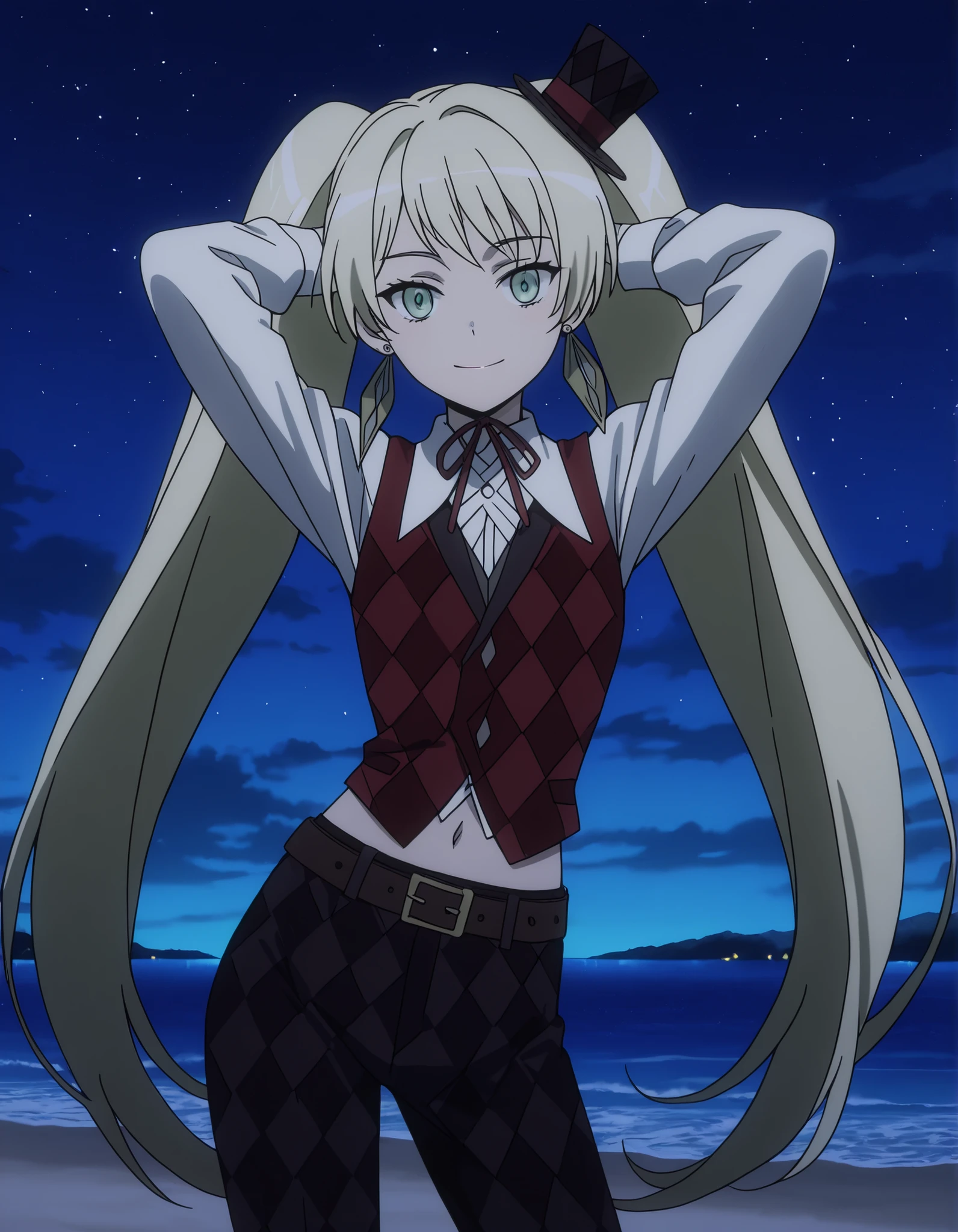 ladylee tangleroad, long hair, blonde hair, twintails, green eyes, anime screencap, hat, navel, jewelry, earrings, vest, mini hat, top hat, belt, shirt, long sleeves, ribbon, white shirt, collared shirt, pants, neck ribbon, checkered clothes, high quality, closed mouth, solo, cowboy shot, night sky, beach, hands behind head, ((contrapposto)), smile, looking at viewer, best quality