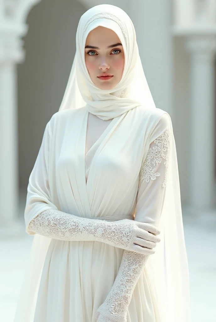 (8K, Raw photography, top-quality, masterpiece:1.2), ultra-details art, a high resolution, (Photorealsitic, Photorealistic photography:1.37), High Detail RAW Color Photography, professional photograpy, extremely delicate and beautiful, highly detailed, 8K Picture Wallpaper, amazing and detailed detail, huge filesize, Official art, Highly detailed CG Unity 8K wallpapers, Very detailed beautiful woman, extra detailed face, extremely detailed eyes, highly detailed eyebrow, highly detail skin, extremely detailed fingers, highly detailed nose, highly detail mouth, perfect anatomia, ((highly detailed white and blue background)), detailed ray light, (lighting), detail ray light, (huge breasted:1.1), ((tight body)), (( dress)), ((blue skirt)), ((photo of a women in short white hijab)), ((full body shot)), thick eyebrows, ((looking at viewer)), ((standing)), ((arms crossed)), ((smiling face)), happy face, laughing face, creative upscale, extremely detailed plump thigh