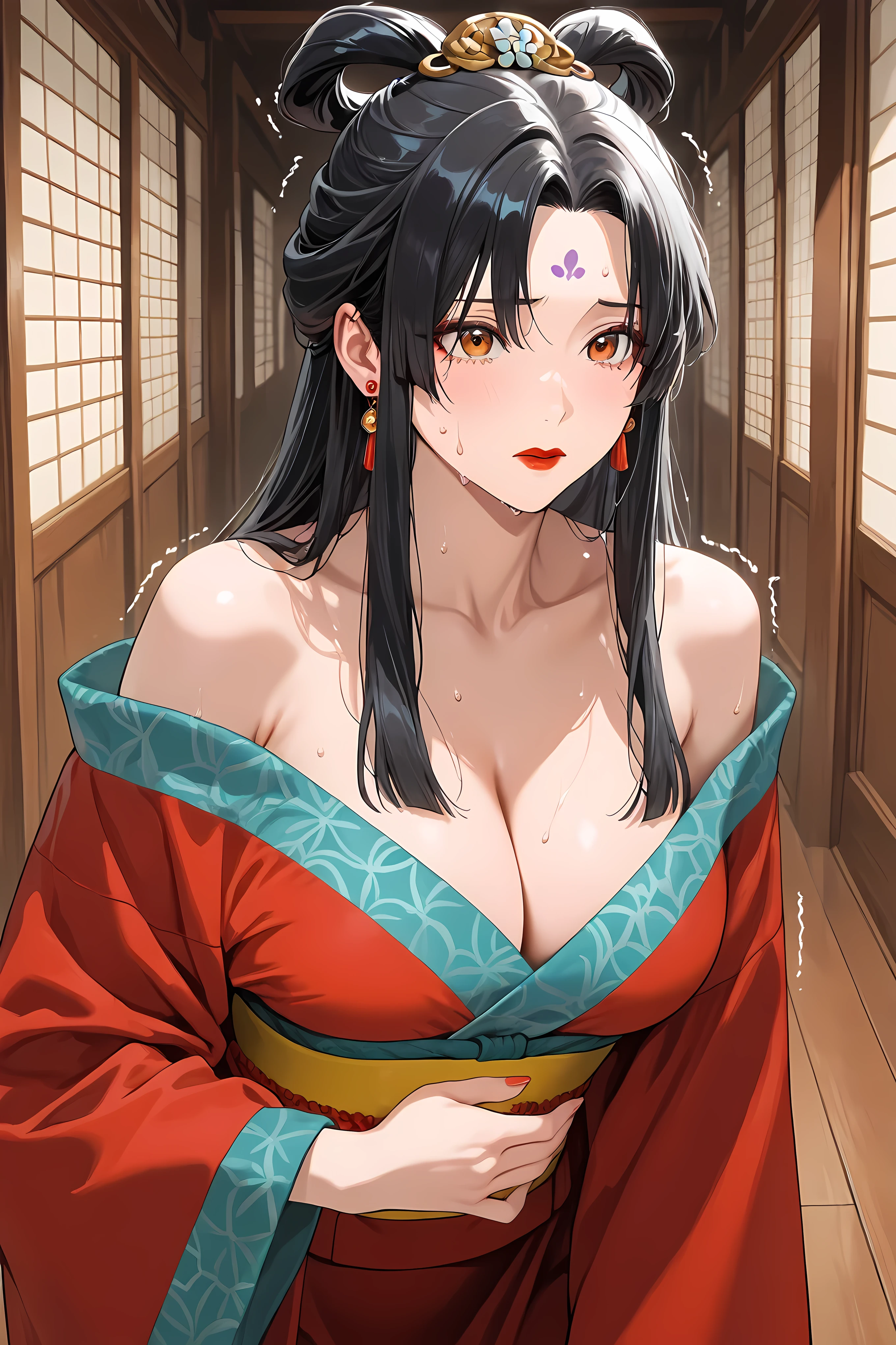 J0ka, orange eyes, black hair, long hair, half updo, hair rings, parted bangs, sidelocks, facial mark, hair ornament, red lipstick,,earrings, cleavage, red kimono, off shoulder, long sleeves, wide sleeves, obi, yellow sash, upper body close up, 

Solo,  general, masterpiece, highres, ultra-detailed, hyper-detailed, best quality,  amazing quality, very aesthetic, best hands, best eyes, best hand
adult woman, 1woman, hand on own stomach, sweat,  leaning forward, nervous, scared, trembling legs, large wooden hallway,
