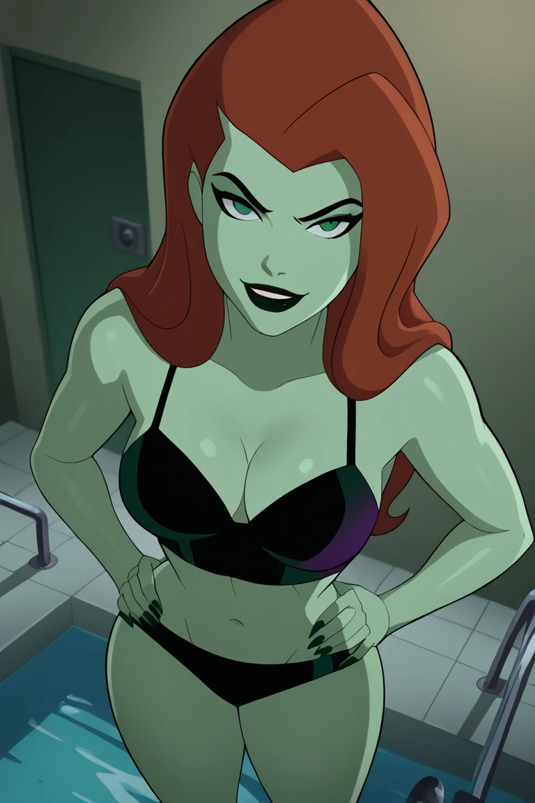 score_9_up, score_8_up, score_7_up, <lora:Harley_quinn_and_Poison_ivy_PDXL:1>, poison ivy, ginger hair, long hair, makeup, lipstick, green skin, medium breasts, side-tie bikini, sweaty, sweatdrop, steaming body, wet, sitting, legs spread, looking at viewer, smug, from below, outdoors, lake, forest, best quality, high quality