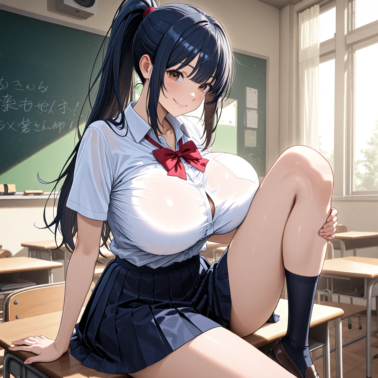 Enormous massive gigantic big large fat ???????   chubby girl:nagatoro_hayase enormous ??????? futanari, brown eyes, black hair, long hair, dark skin, dark-skinned female, tan, tanlines, hairclip, , white shirt, collared shirt, pleated skirt, enormous ???? under the mini skirt ,A mischievous girl with a sly grin, standing in a school classroom. She has sharp, narrow eyes giving a teasing look, and her eyebrows are raised in a playful manner. She wears a  with a playful twist: a colorful tie, funky socks, and a few quirky accessories like bracelets and hair clips.with a very big, round and plump ??? stretched and lifted ,enormous fat large thighs legs, and she’s leaning slightly forward, one leg slightly ahead of the other, as if she’s about to make a witty remark. The classroom background includes desks, a blackboard with some doodles, and a few scattered papers on the floor. 