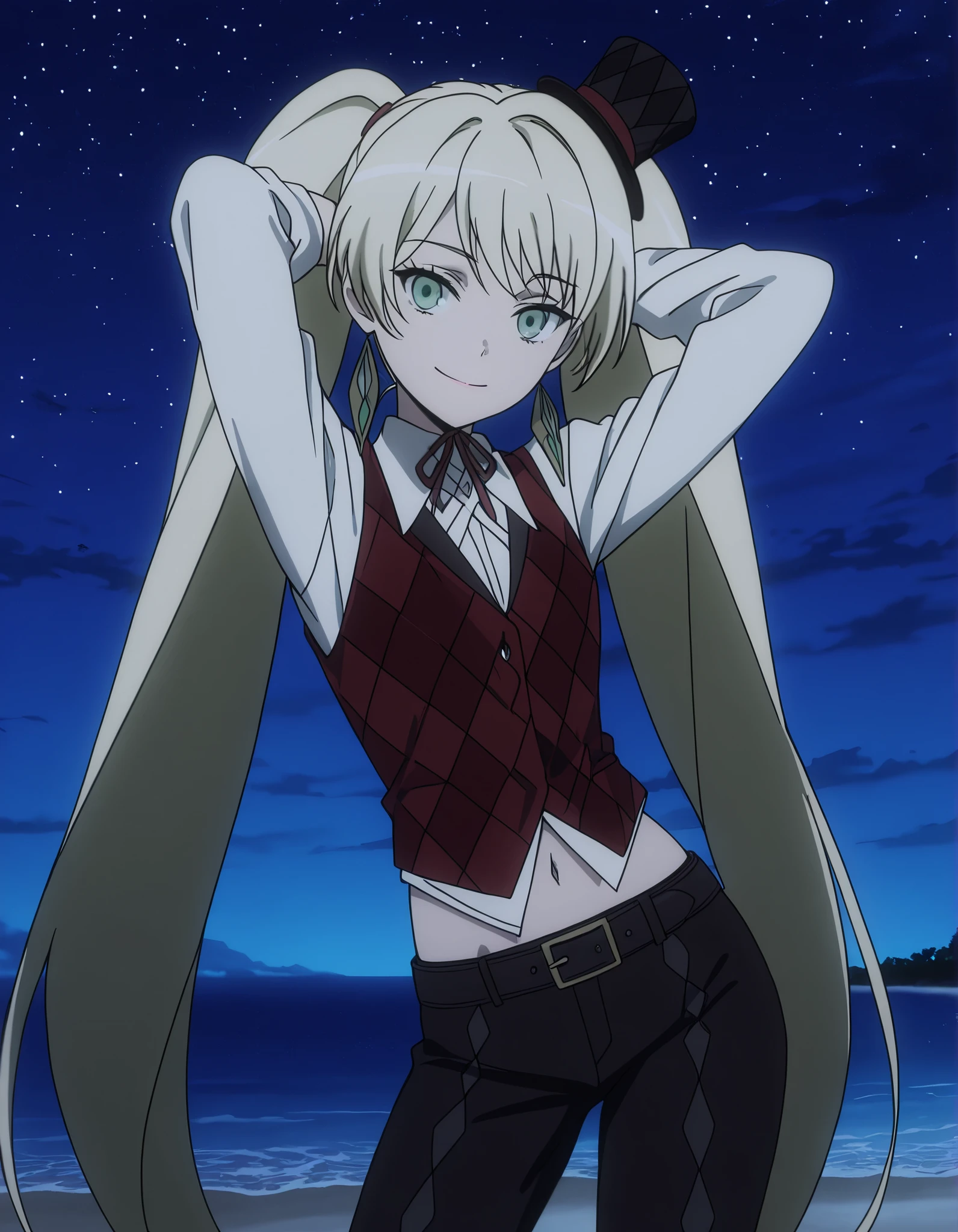 ladylee tangleroad, long hair, blonde hair, twintails, green eyes, anime screencap, hat, navel, jewelry, earrings, vest, mini hat, top hat, belt, shirt, long sleeves, ribbon, white shirt, collared shirt, pants, neck ribbon, checkered clothes, high quality, closed mouth, solo, cowboy shot, night sky, beach, hands behind head, ((contrapposto)), smile, looking at viewer, best quality