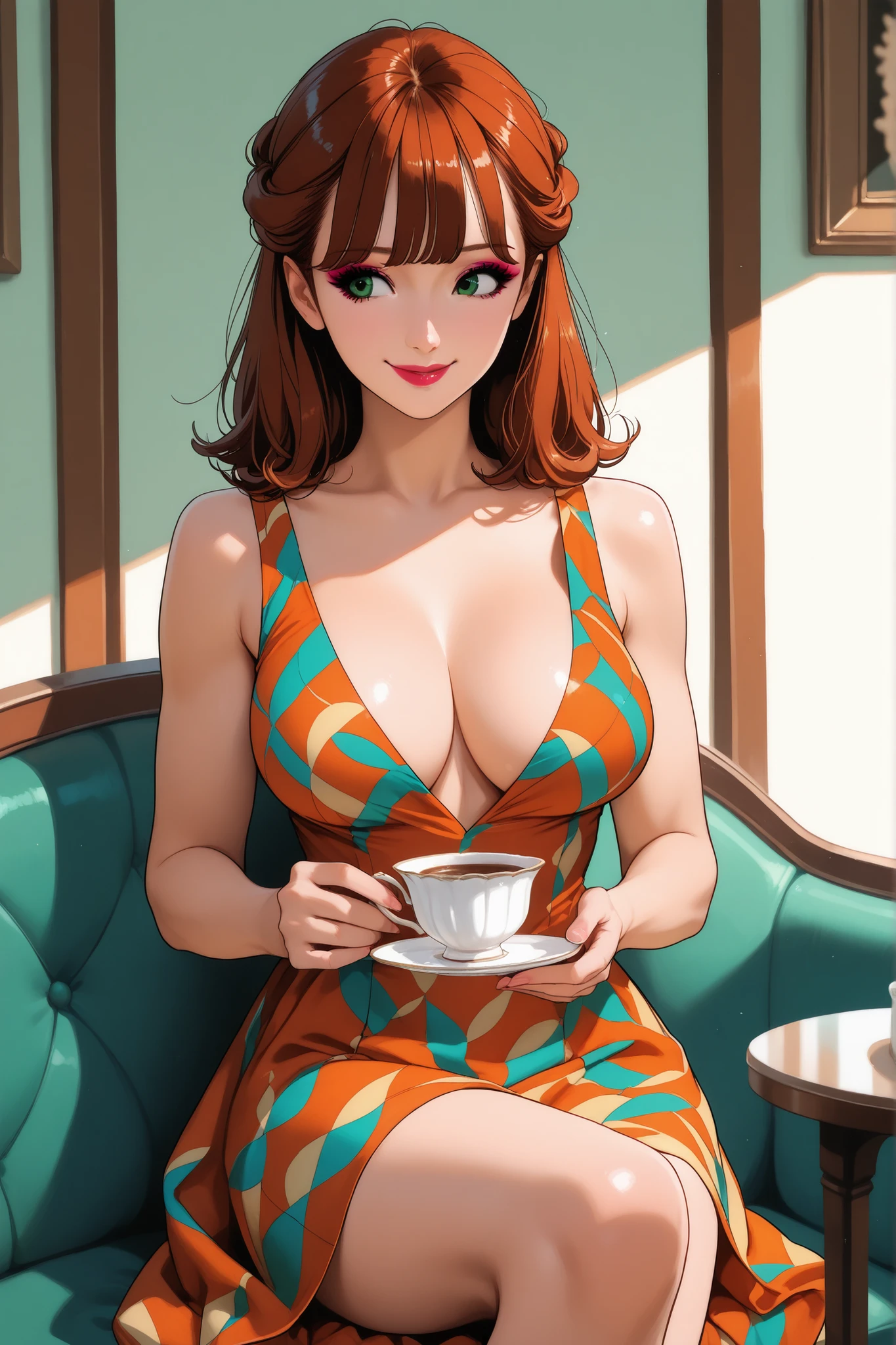 Masterpiece, highly detailed, beautiful young English woman, fair skin, medium hair, auburn hair, 60s Bob hairstyle, smile, slender figure, athletic body, toned, large_breasts, makeup and lipstick, green_eyes, slender waist, sitting, looking into a teacup, 60s sleeveless Gogo dress, Mondrian fabric pattern, 60s London outdoor cafe, closeup shot, front view,