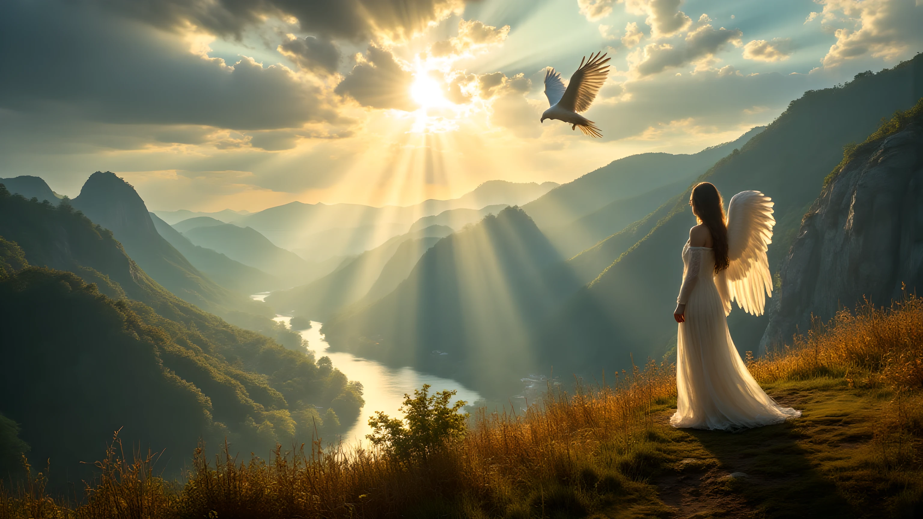 Create a breathtaking cinematic panoramic scene inspired by the landscapes and cultural spirit of the Balkans, particularly Serbia. The scene should merge natural grandeur with symbolic and mystical elements, rendered in hyper-realistic yet dreamlike style.
Mountains & Nature: rolling, rugged Balkan hills and dramatic mountain ridges with dense forests, limestone cliffs, and fertile valleys, evoking the Serbian countryside.
Sky: expansive golden-hour sky filled with dynamic cloud formations, soft beams of light breaking through, creating a spiritual, almost heavenly atmosphere.
White Eagle: a majestic white eagle soaring high above the mountains, wings outstretched, symbolizing freedom and power, its feathers detailed with shimmering highlights.
Angel Girl: ethereal young woman depicted as an angel with radiant, feathered wings, standing on a grassy ridge or floating slightly above the landscape; she radiates serenity and quiet strength, dressed in flowing garments that blend traditional Balkan embroidery with celestial glow.
Cultural touch: subtle elements of Serbian heritage woven into the environment — distant medieval monastery on a cliff, stone crosses, traditional wooden mountain houses in the valleys.
Sweeping wide-angle panoramic perspective emphasizing depth and epic scale.
Balanced harmony between natural grandeur, mystical figures, and cultural landmarks.
Soft cinematic lighting: golden sunbeams, glowing mist around the mountains, reflective river surfaces.
Perfect integration: angel and eagle feel naturally part of the environment, blending the mystical with the earthly.
Rich autumnal greens, golden sunlight, deep blue sky, snow-white eagle, warm earthy tones of Balkan hills.
Gentle ethereal glow around the angel, highlighting purity.
Ultra-detailed photorealistic textures with painterly fantasy touches.
Dynamic natural atmosphere: drifting clouds, mist, eagle in motion, angel’s wings gently illuminated.
8K resolution, cinematic widescreen @batamb