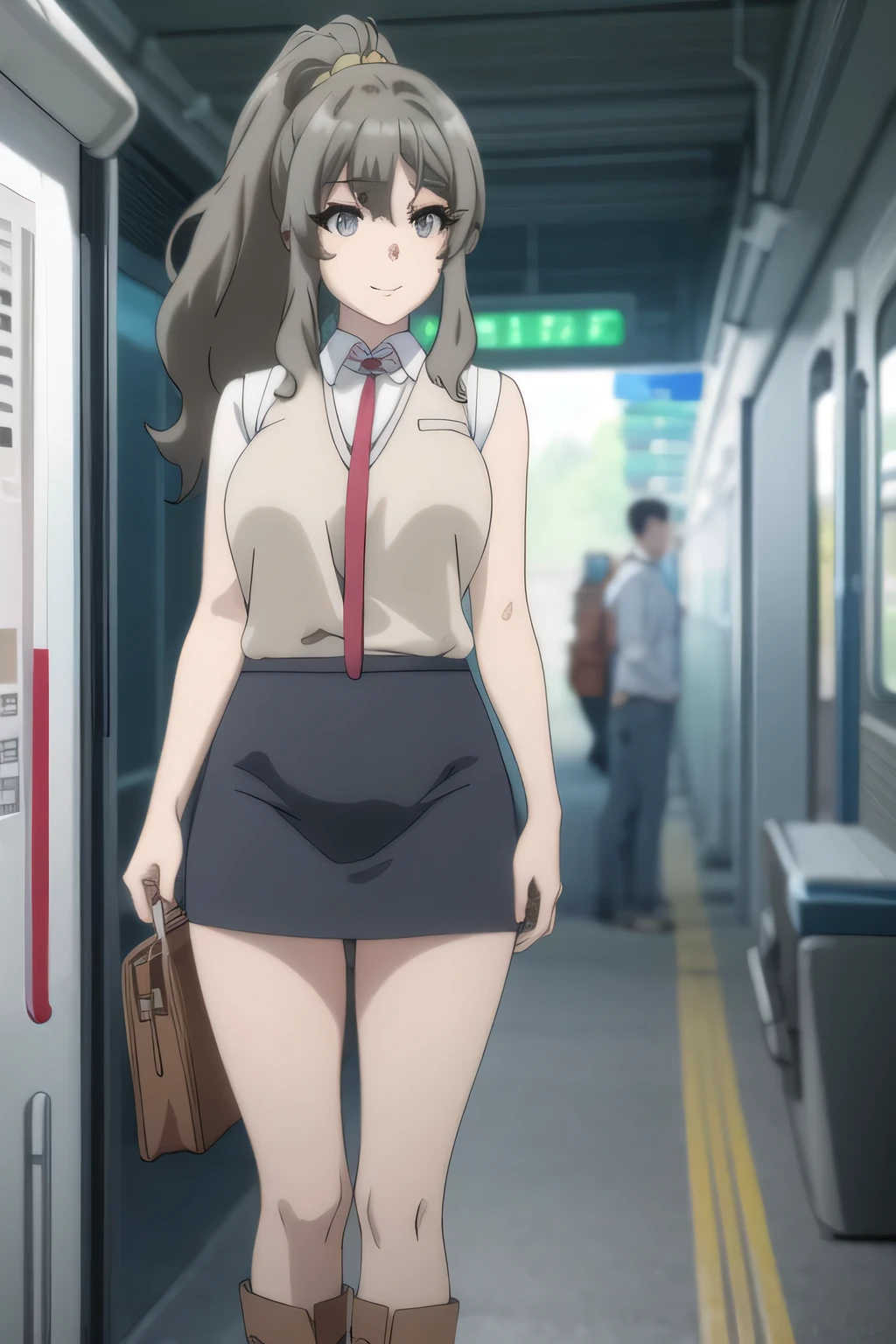 ponytail hair ,long hair，,Smile Yan,college students,in plain clothes,skirt，light blue panties that make your cheeks red，sleeveless,Slender Even with Colossal Breasts,Splendid Thighs，Beautiful legs，boots，alone，standing in the teacher's house，a woman waiting for a train on the station platform，Facial expression priority，Face Trimming Prohibited，Anime CG，anatomically accurate hand and leg expressions with vivid colors，eyes, nose, and nose clearly and delicately，Draw，
