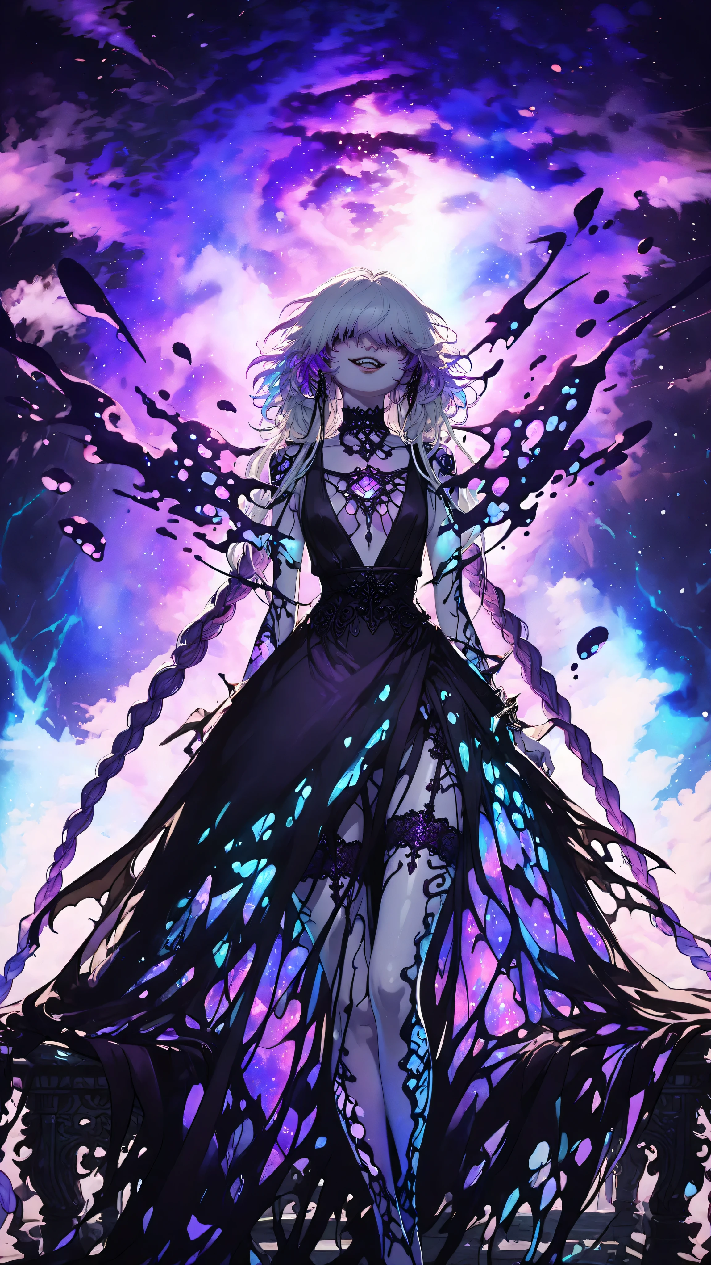 painterly anime artwork, masterpiece, fine details, breathtaking artwork, painterly art style, high quality, 8k, very detailed, high resolution, exquisite composition and lighting, light leaks, lens flare, high fantasy, masterpiece,detailed face,detailed body, masterpiece, fine details, breathtaking artwork, painterly art style, high quality, 8k, very detailed, high resolution, exquisite composition and lighting, rainbow eyes, multi coloured eyes, sexy dress, black dress, jewelry gold, a lot of jewellery, plunging neck line, (iridescence: 1.5) (iridescence colours: 1.4), white hair, (purple nebula:1.5) (purple nebula:1.5) (purple nebula:1.5), An exuberant, imaginative world with highly detailed, fantastical character designs, vibrant colors, and an otherworldly, exaggerated aesthetic, rendered in a style inspired by 'Hyper Fantasy,' (Hyper Fantasy inspired:1.3), (fantastical designs:1), (vibrant colors:1)., detailed portrayalclear individual actionsdistinct expressionsjoint actionsdistinct contributionsindividual rolesboth characters visibleshared activityclear roles., (a human, realistic traits, diverse appearance), , age is 24-year-old, solo, (female feminine fem female) traits, ((adult, well-defined facial features becoming more prominent)), (Exhibits erratic and unpredictable behavior, with wide, unblinking eyes and a manic, unnerving grin that often reveals their teeth, displaying intense excitement or mania and reflecting their unstable and frenzied nature.), , A person lying down on their back, looking up., naturally curly hair, absurdly long hair, Braid hairstyle, ((hair over eyes)), hair is white, , , (porcelain skin:1.3), Tall body with an elongated frame, (flat_chested:1.3), Enthusiastic or thrilled expression, , , wearing a decorative bracelet, wearing a sexy silk dress, , , wearing a garter belt, , , (The shot is positioned below the subject, looking up), (), (Capturing the entire body of the subject), (), (Location Environment: A dark, vast chasm in th