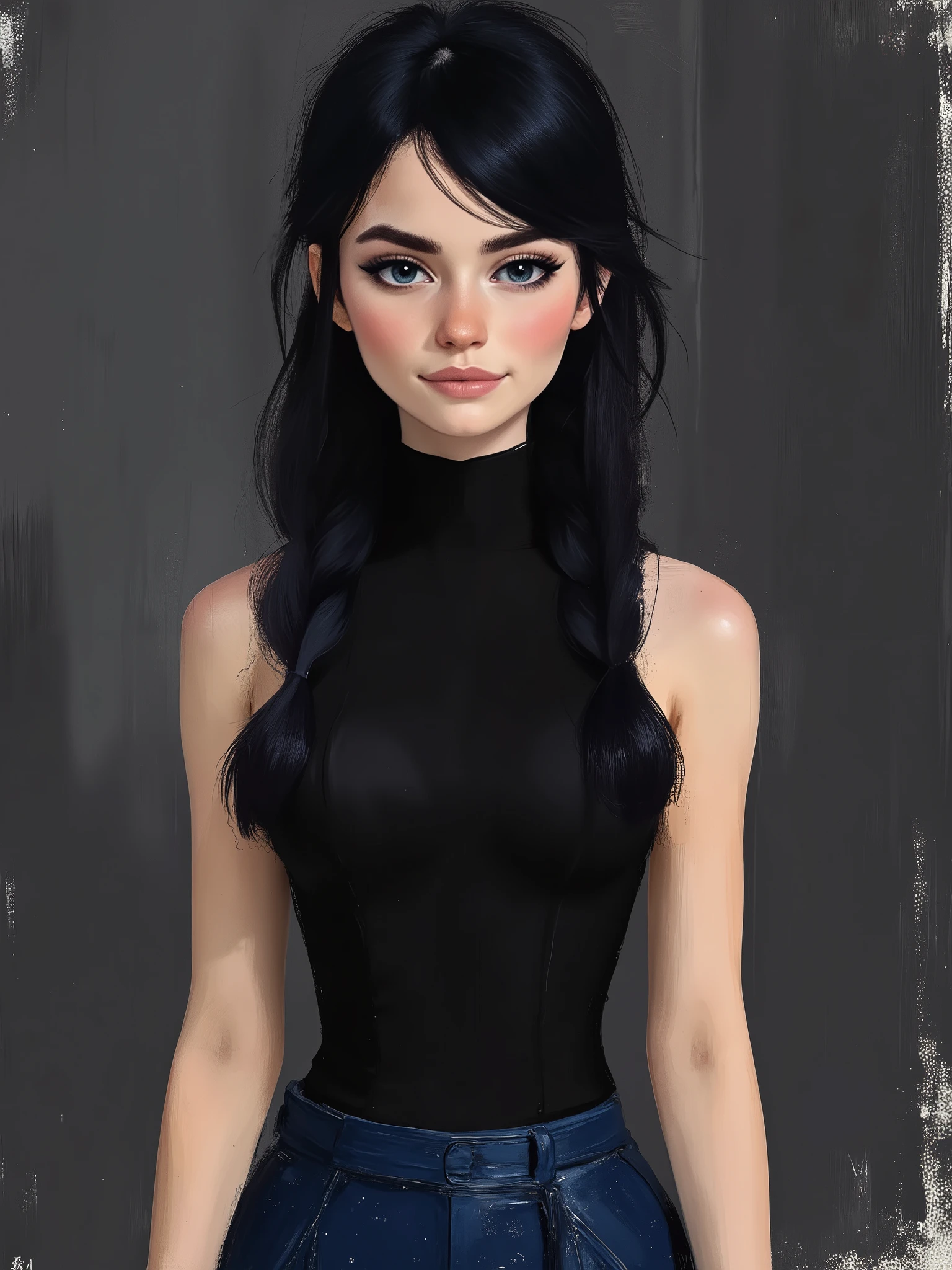 sketch painting, marinette Dopanchan, ArsMJStyle, Flat Cartoon Illustration, A very beautiful and cute 22 year old woman with a slight smile. (((Shy smile))), sharp focus on the face, (((Western eyes:1.5))), (((Extremely detailed ice-blue eyes, beautiful eyes, beautifully detailed eyes))), (((delicately detailed thin pink lips))), (((long hair, shiny hair))), (((black medieval steampunk style sleeveless t-shirt))), (((Dark Blue medieval steampunk style leather warrior pants))), (((full body view, dynamic pose, standing:1.5, graceful pose))), (((The background is Dark Gray and painted with expressive, visible textures using dynamic brushstrokes and strokes that add depth and movement. The paint covers only the area just behind the subject. The outer edges of the image with black margins, as if the background had been painted with a brush and with expressive and visible textures using dynamic brushstrokes and strokes fading toward the edges creating a modern and artistic vignette effect))). Cinematic lighting, soft depth of field, (((masterpiece/high resolution/Best Quality/top quality/high quality/UHD/16k quality))), sharp focus, no blur, film grain, bokeh.