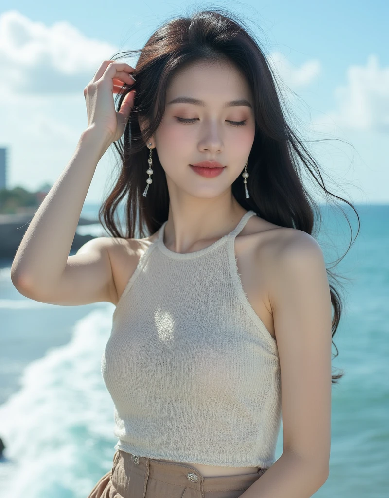 8K resolution,Best picture quality,Sea view,High-rise,The seaside at dusk,The sea is rough,Backlight,Fashion Girl,Loose black hair,Hair,Smooth hair,Feather hair accessories,With clavicle,Beautiful subtle makeup,Exquisite and perfect facial features,The most beautiful big eyes,Long eyelashes,Sweet and beautiful,Light pink lip glaze,earrings,Sweet smile,Wearing a light pink light pink shirt,Perfectly proportioned body,Ultra-fine background depiction,Dynamic Angle,Ultimate image quality,Highest precision