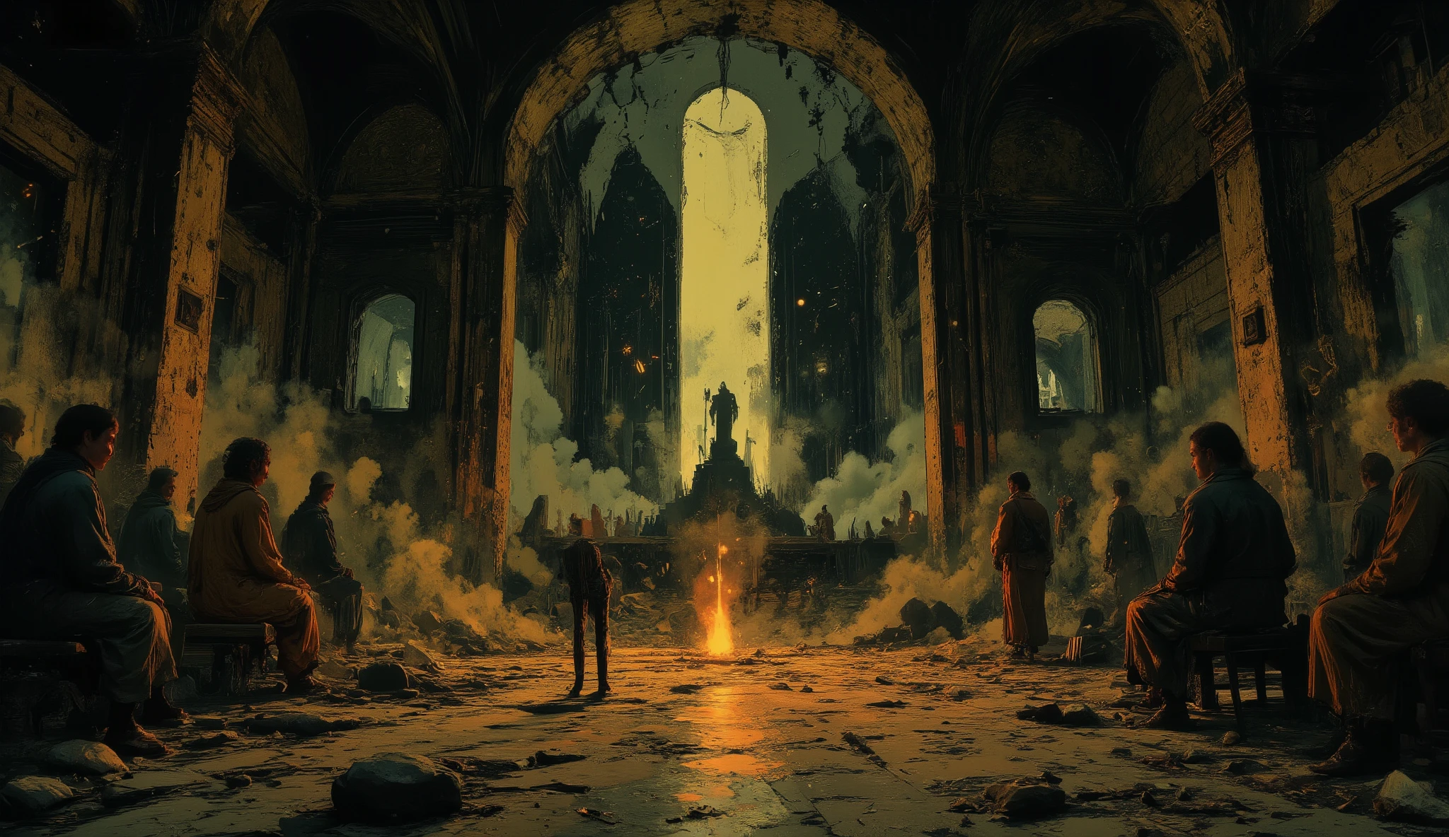 The Shattered Spire: Post-Apocalyptic Temple Ruins of the Glass Prophet**
**Prompt:**
The **Spire of the Glass Prophet** was once the **holiest site** of a **cult that worshipped light as divine**. Now, it is a **jagged monument to their folly**—a **towering obelisk of fractured crystal**, its **facets refracting the dying sun** into **knives of colored pain**. The temple complex sprawls at its base, a **maze of mirrored halls and prismatic corridors**, all **warped by the heat** of whatever **melted the prophet’s face**.
The **central sanctum** is a **cathedral of broken glass**, its **floor a mosaic of shattered saints**. The **altarpiece** is a **giant, faceless statue**, its **head replaced by a spinning prism** that **projects holograms of the cult’s last moments**—**thousands of robed figures** turning to **light**, then **ash**. The **air shimmers** with **residual energy**, and if you stand in the right spot, you can **hear their final hymn**, sung in **reverse**.
The **living quarters** are **preserved in amber-like resin**, the **cultists frozen mid-prayer**, their **eyes replaced with gemstones** that **track your movements**. The **library** is a **hall of mirrors**, each **reflection showing a different version of you**—some **older**, some **not human at all**. And in the **deepest chamber**, the **Glass Prophet’s sarcophagus** floats, **filled with liquid light**. If you touch it, **your hand becomes transparent**. If you drink, **you become the next prophet**.
**Style:** *Surrealist religious horror, blending sacred geometry with body horror. Think "The Holy Mountain" directed by Zdzisław Beksiński, with a Francis bacon, Goya, Simon Stålenhag, ominous sky, Denis sarazhin, Alex colville, grim psychological horror palette of blinding whites, deep blood-reds, and the deep rusted blues of stained glass.*
Tonight the dead shall dance under the grim twilight night.