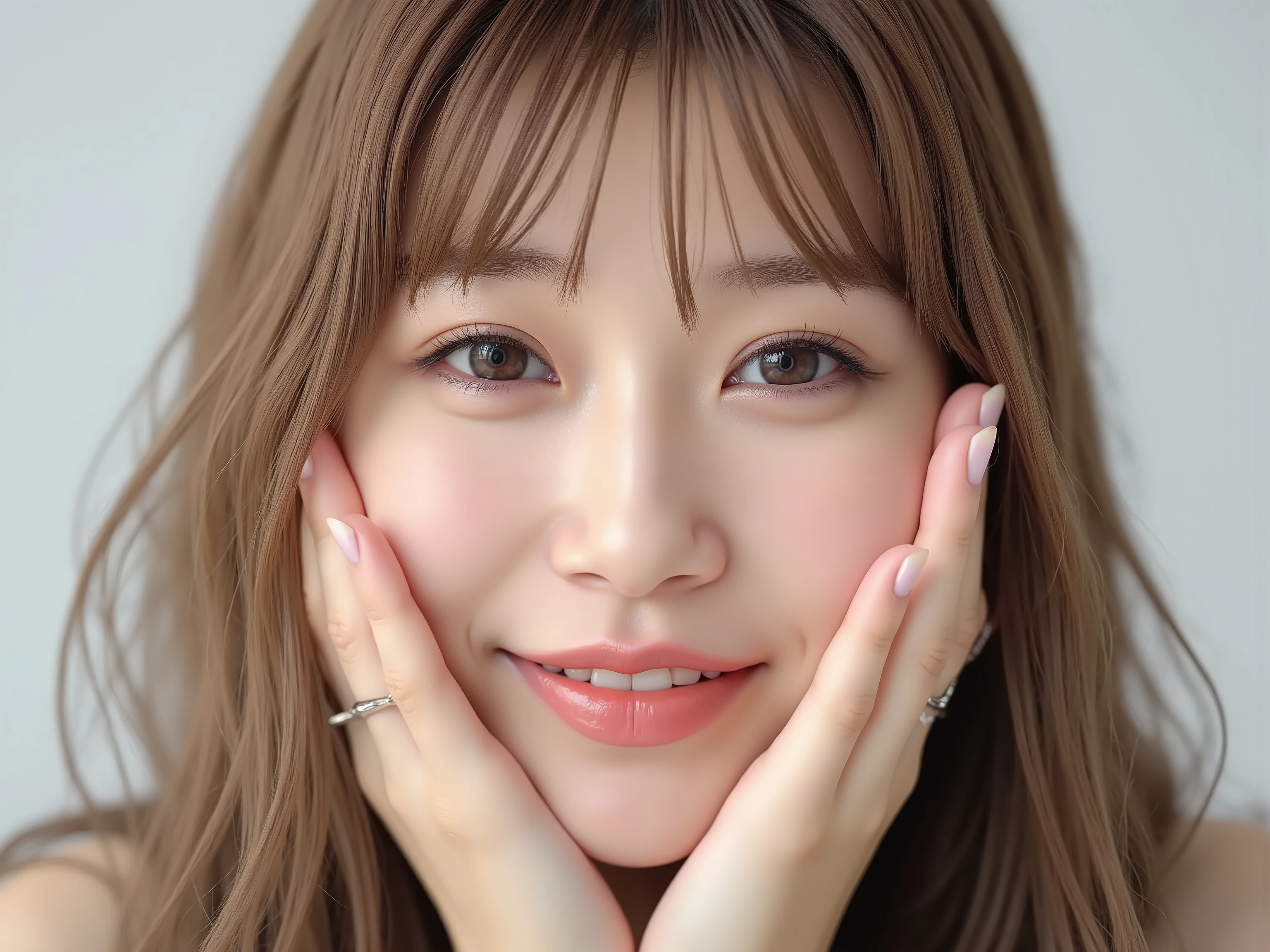 (Refined from an old photo, recreated in a modern, ultra high-quality photorealistic style, with a trendy Reiwa-era hairstyle: soft semi-long hair with natural waves and airy see-through bangs), 
Ultra photorealistic close-up portrait of a beautiful Japanese woman, 
upper-body shot, wearing a black outfit (completely out of frame, not visible), 
shoulders and collarbone softly exposed, 
both hands pressing her cheeks in a shy, lovestruck pose, 
sparkling eyes gazing dreamily at the viewer with overwhelming affection, 
cheeks blushing deeply with a sweet reddish glow, 
soft glossy lips curved into a bright, full, lovestruck smile, 
expression melting with love, playful, dreamy, adorably bashful, 
purely cute and lovestruck, overflowing with affection and warmth, 
realistic skin with detailed pores, subtle freckles, natural uneven tones, 
tiny imperfections for realism, soft peach fuzz visible, 
hair rendered with individual strands, slightly messy flow, natural matte shine, 
soft diffused cinematic lighting, natural depth, 
background pure white with gentle blur, 
(masterpiece, best quality, high resolution, intimate romantic close-up, cinematic magazine cover style)