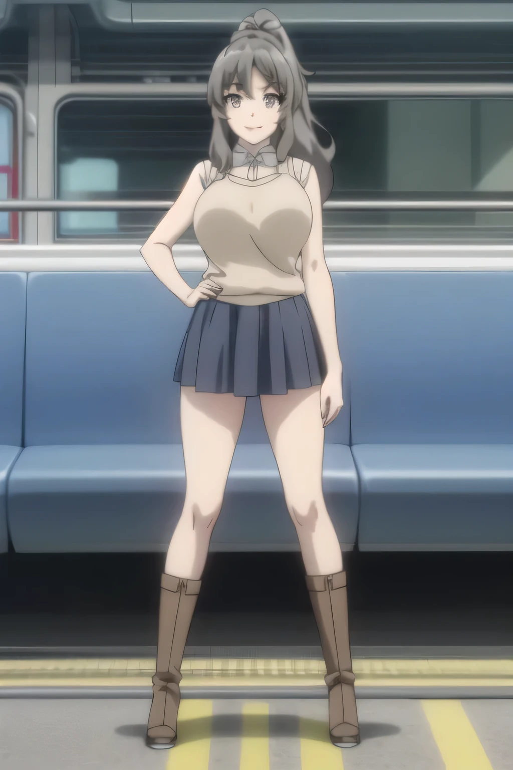 ponytail hair ,long hair，,Smile Yang,college students,in plain clothes,skirt，from below，水色のパンティーが透けて見える開脚してstanding,，sleeveless,A woman with long waves even if she is slender and has big breasts,amazing thighs ，Beautiful legs，boots，Alone，standing，women waiting for trains on train platforms，Priority of facial expressions，face trimming is prohibited，Anime CG，using vivid colors to express anatomically accurate hands and feet，eye, nose, and nose clearly and delicately，draw，Smile Yan，they look at me and smile，爆乳sleevelessをもっと爆乳sleeveless衣装に描けますか，Anime CGが必要，