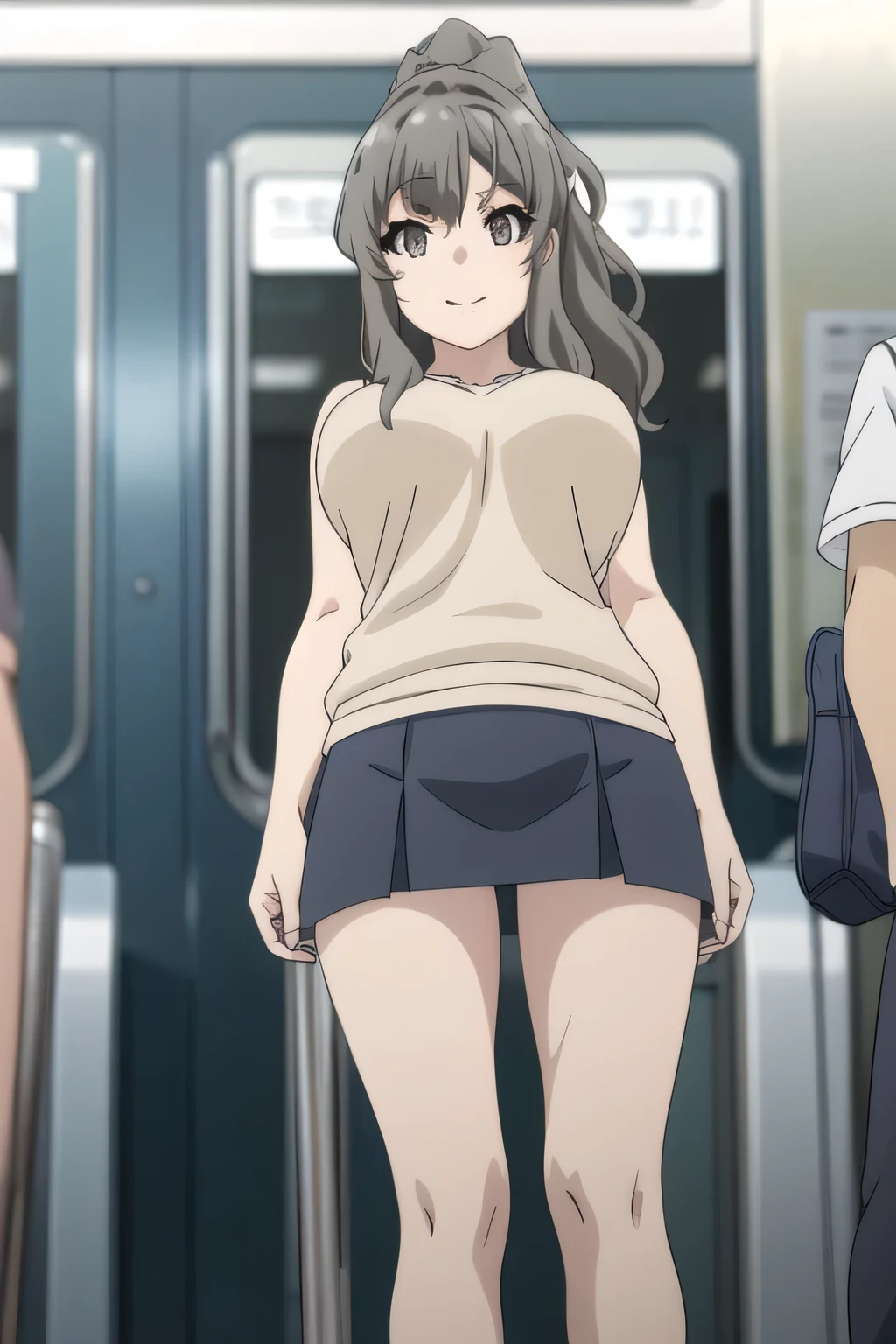 ponytail hair ,long hair，,Smile Yang,college students,in plain clothes,skirt，from below，水色のパンティーが透けて見える開脚してstanding,，sleeveless,A woman with long waves even if she is slender and has big breasts,amazing thighs ，Beautiful legs，boots，Alone，standing，women waiting for trains on train platforms，Priority of facial expressions，face trimming is prohibited，Anime CG，using vivid colors to express anatomically accurate hands and feet，eye, nose, and nose clearly and delicately，draw，Smile Yan，they look at me and smile，爆乳sleevelessをもっと爆乳sleeveless衣装に描けますか，Anime CGが必要，