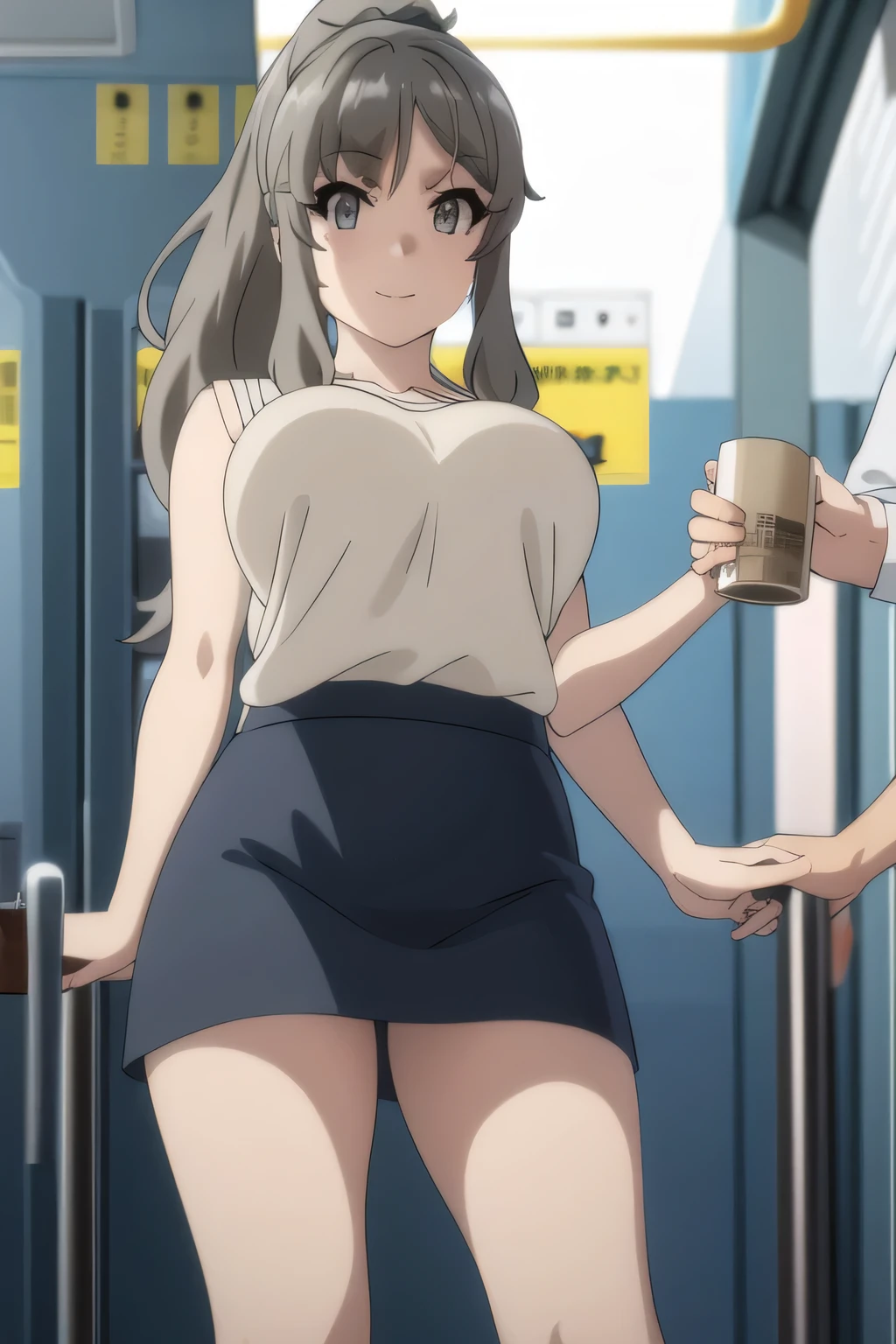 ponytail hair ,long hair,,Smile Yang,college students,in plain clothes,skirt,from below,水色のパンティーが透けて見える開脚してstanding,,sleeveless,A woman with long waves even if she is slender and has big breasts,amazing thighs ,Beautiful legs,boots,Alone,standing,women waiting for trains on train platforms,Priority of facial expressions,face trimming is prohibited,Anime CG,using vivid colors to express anatomically accurate hands and feet,eye, nose, and nose clearly and delicately,draw,Smile Yan,they look at me and smile,爆乳sleevelessをもっと爆乳sleeveless衣装に描けますか,Anime CGが必要,