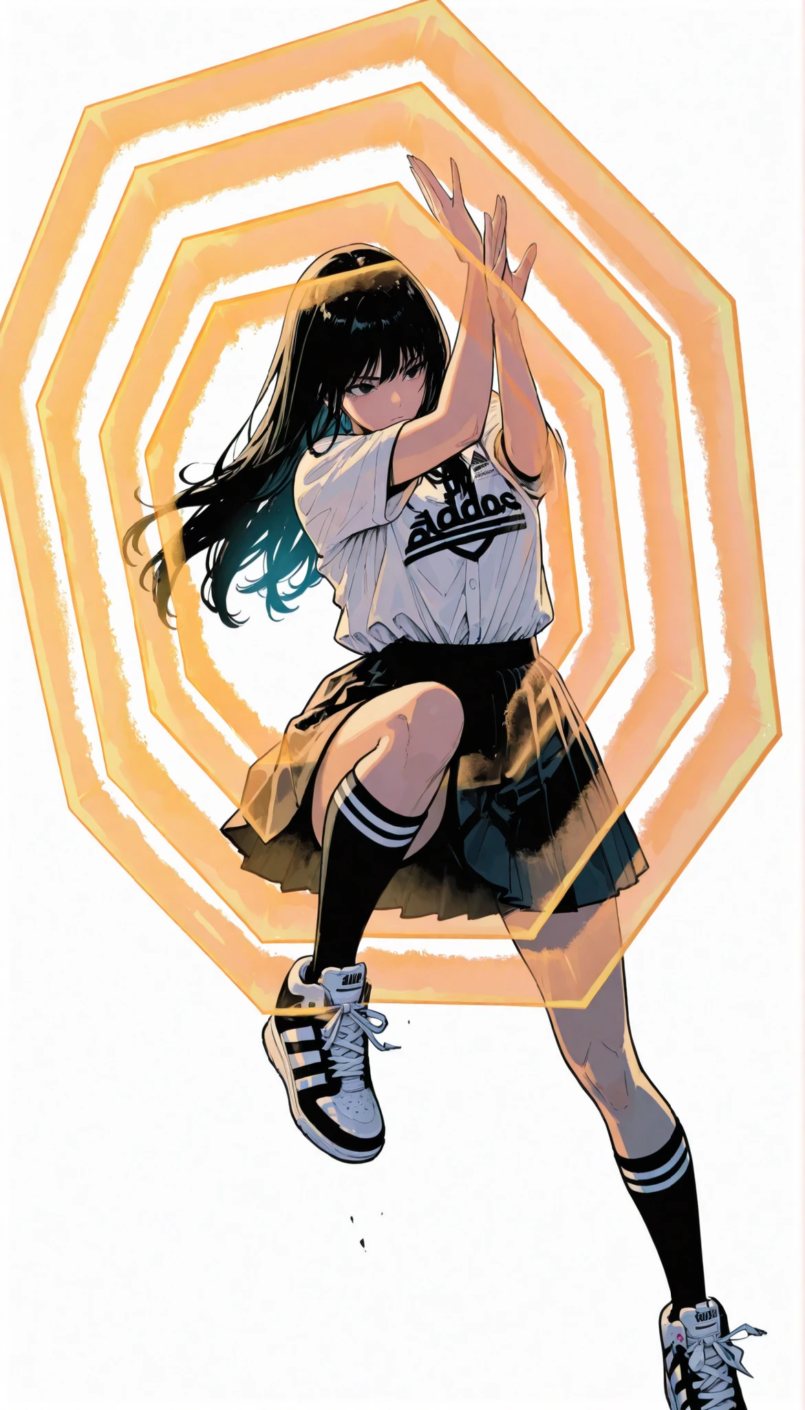 Japanese woman wearing blouse shirt and miniskirt,high school girl、uniform、long black hair,straight long hair、princess cut, Chest, pleated skirts were dynamically reversed, Thigh Knee Socks, Adidas tech sneakers, Everyday Life , Pose, dynamic angle, getting ready for battle, ダイナミックなPose, neon light, simple background, white background/破れたuniform/atfield to front, energy barrier, transparent barrier, atfield in front of the charanter, character_partially_occluded, octagonal pattern,