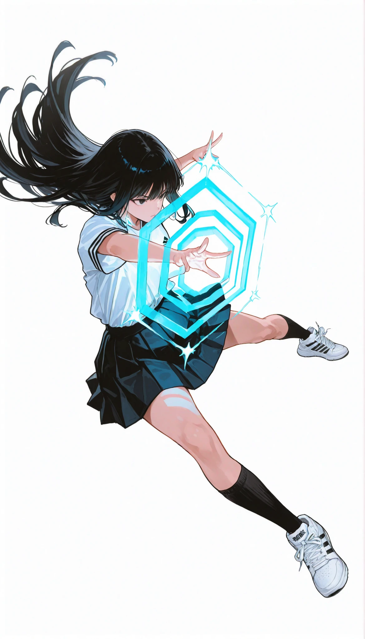 Japanese woman wearing blouse shirt and miniskirt,high school girl、uniform、long black hair,straight long hair、princess cut, pleated skirt flap dynamically, The black knee socks and the white2Main line , Adidas tech sneakers , Pose, dynamic angle, getting ready for battle, ダイナミックなPose, neon light, simple background, white background/破れたuniform/atfield to front, energy barrier, transparent barrier, atfield in front of the charanter, character_partially_occluded, octagonal pattern,Highest Image Quality、4K、
