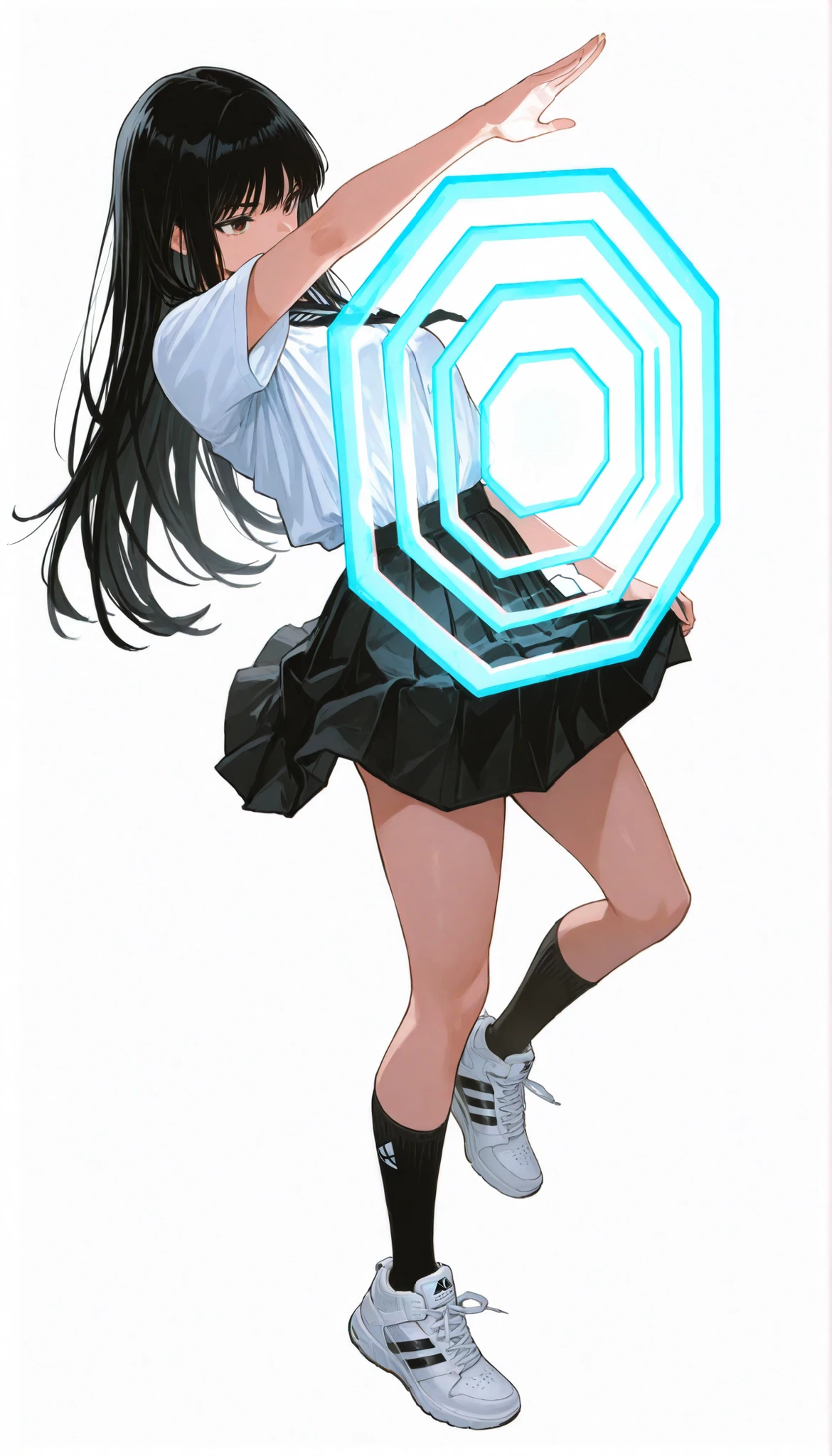 Japanese woman wearing blouse shirt and miniskirt,high school girl、uniform、long black hair,straight long hair、princess cut, pleated skirt flap dynamically, The black knee socks and the white２Main line , Adidas tech sneakers , Pose, dynamic angle, getting ready for battle, ダイナミックなPose, neon light, simple background, white background/破れたuniform/atfield to front, energy barrier, transparent barrier, atfield in front of the charanter, character_partially_occluded, octagonal pattern,Highest Image Quality、4Ｋ、