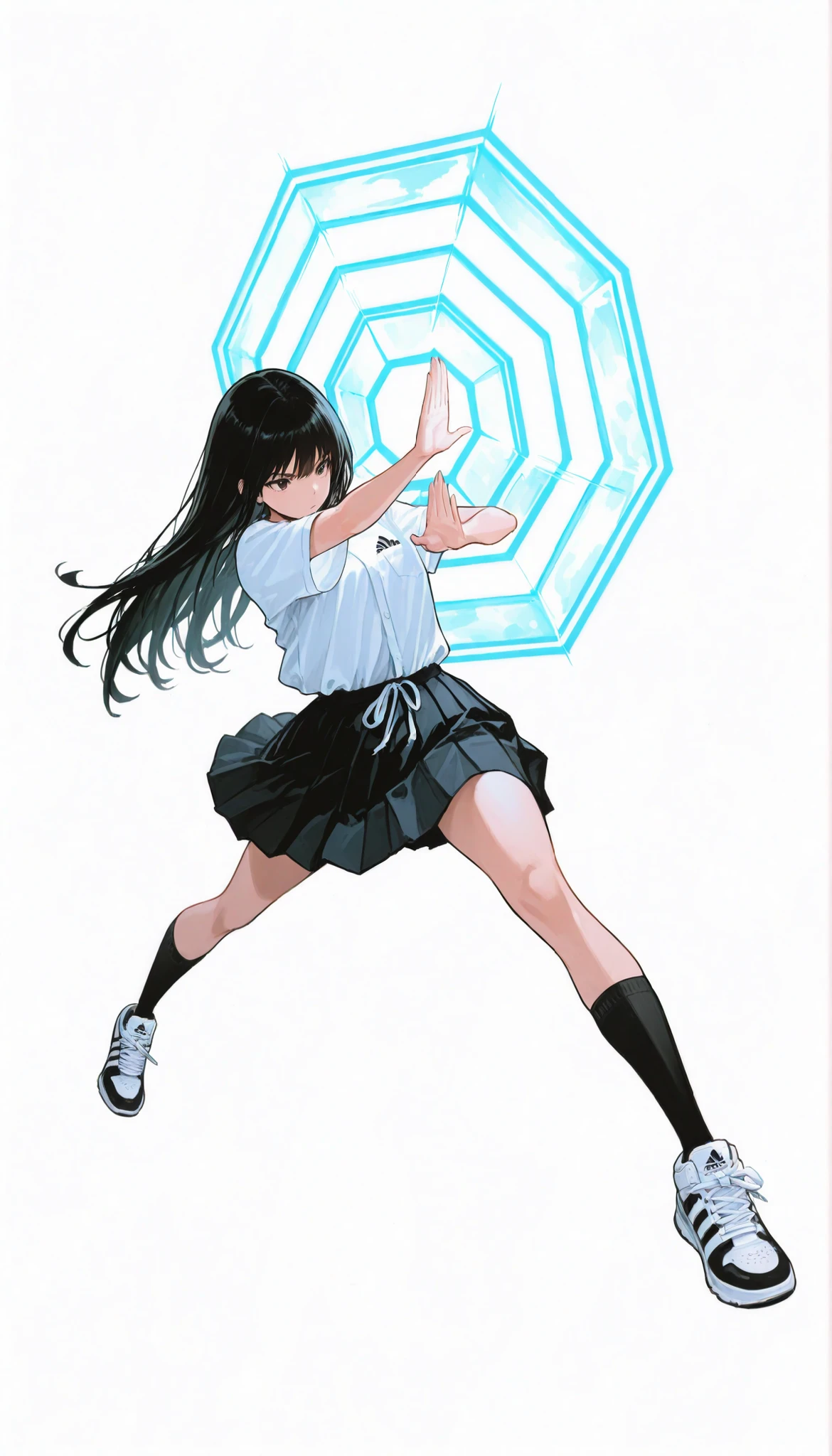 Japanese woman wearing blouse shirt and miniskirt,high school girl、uniform、long black hair,straight long hair、princess cut, pleated skirt flap dynamically, The black knee socks and the white２Main line , Adidas tech sneakers , Pose, dynamic angle, getting ready for battle, ダイナミックなPose, neon light, simple background, white background/破れたuniform/atfield to front, energy barrier, transparent barrier, atfield in front of the charanter, character_partially_occluded, octagonal pattern,Highest Image Quality、4Ｋ、