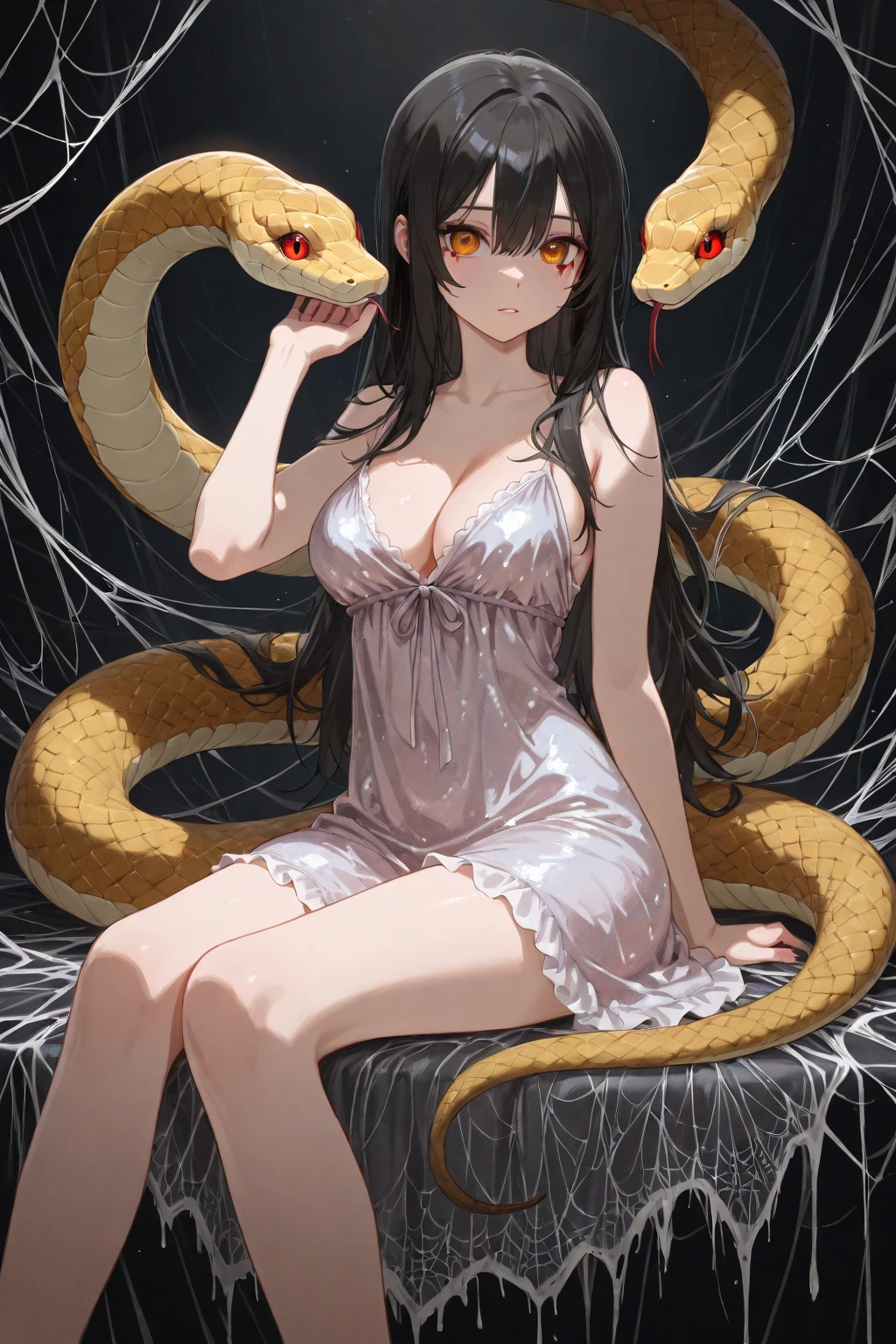 (Close up of earrings in the shape of a snake:1.5)、Fair-skinned woman、 tall、adult、30s、Unique hair colors and hairstyles、 lying on the bed、Sleep on a pillow、 Long, Disheveled Hair 、