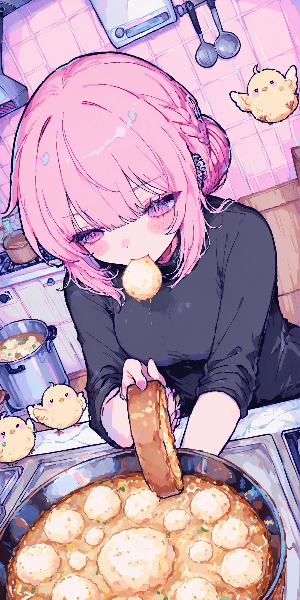 kitchen,Fortune telling,tuku female,1girl,Fortune telling with food,,Action,dynamic,Anime Chick,masterpiece,Highest Quality,Great Quality,very beautiful,Newest,