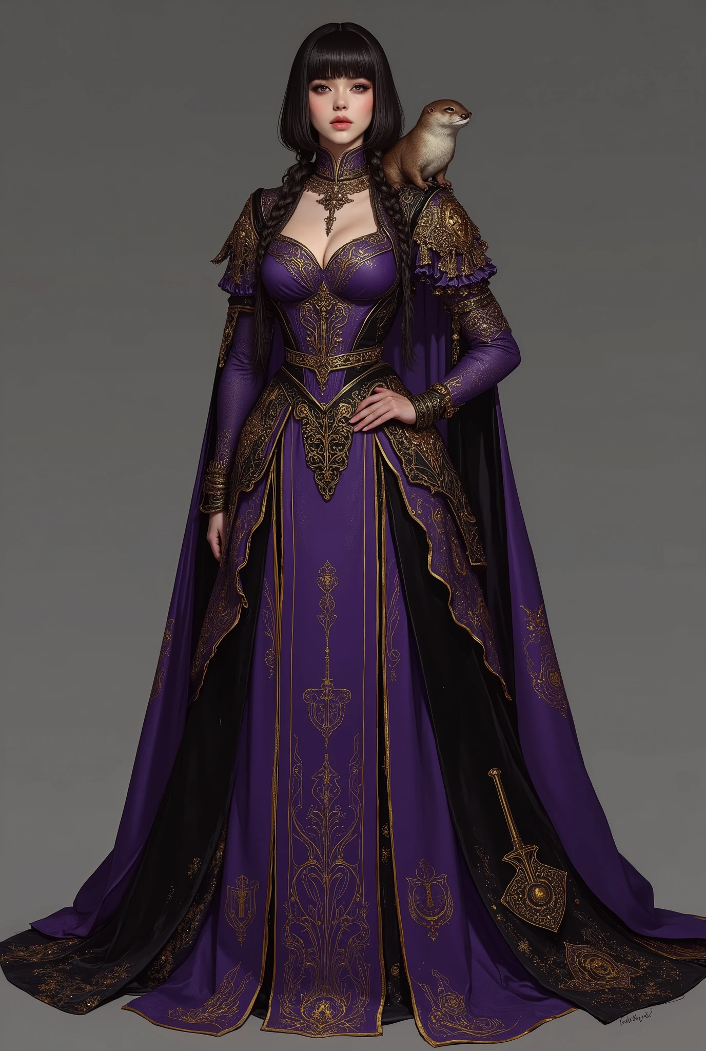 Haute couture dress inspired by The Magician (Tarot Major Arcana), Bob with bangs and braids、has a small-clawed otter on his shoulder、
Silhouette: elegant straight line gown, floor-length, refined and statuesque,
Upper part: fitted bodice in deep purple satin with gold embroidery, subtle black accents creating sharp contrast,
Fabric: layers of purple silk and black velvet, accented with shimmering golden highlights,
Color palette: deep purple, black, gold,
Details: intricate golden embroidery representing the four elements (wand, sword, cup, pentacle), subtle arcane sigils woven into the fabric, sleek silhouette emphasizing authority and control,
Accessories: ornate golden choker, delicate tiara with arcane motif, golden cuffs, black gloves,
Style reference: mystical elegance, arcane refinement, commanding yet graceful presence,
Style: highly detailed, luminous, sharp focus