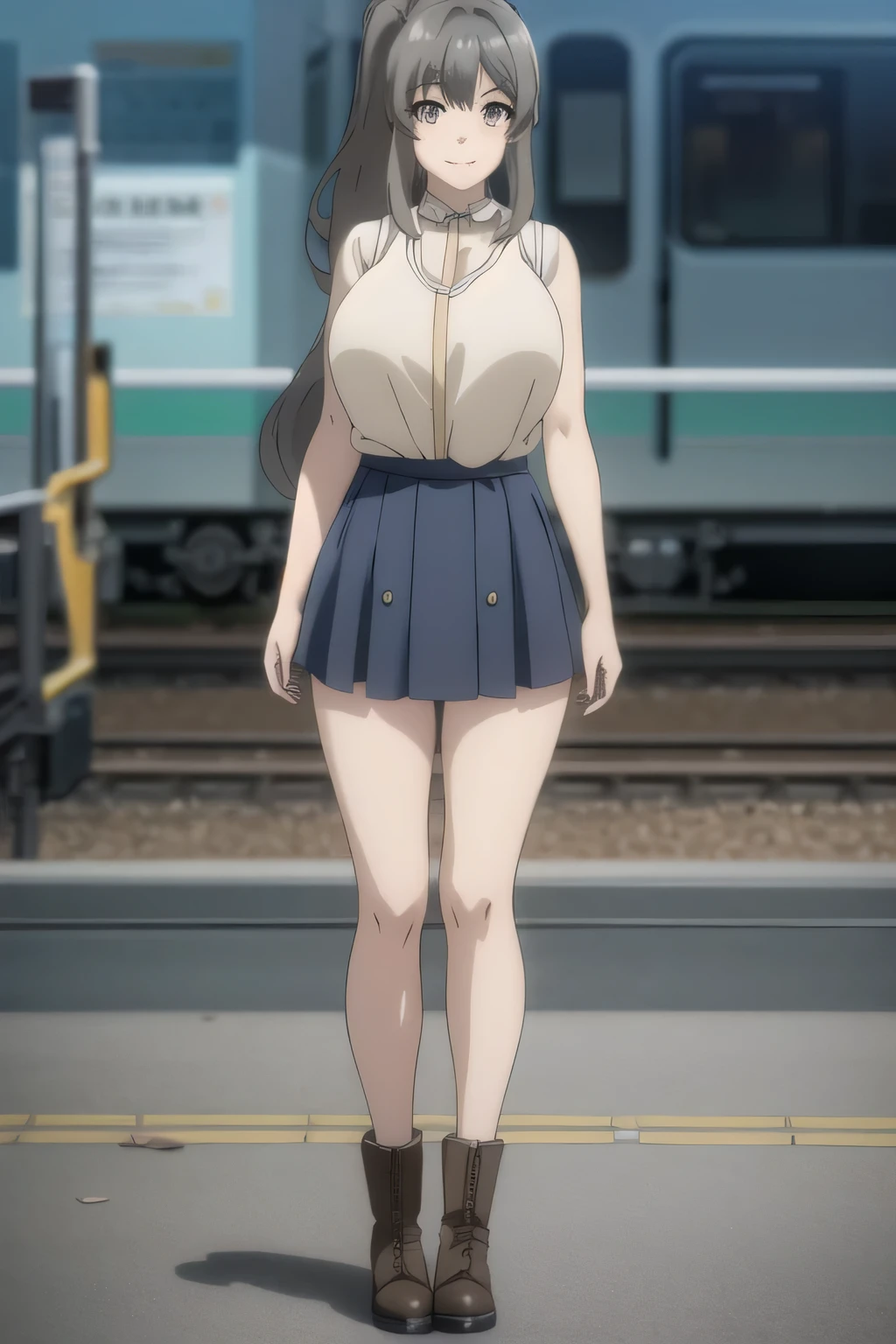 ponytail hair ,long hair,they look at me and smile,,Smile Yang,college students,in plain clothes,skirt,light blue panties that make your cheeks red,sleeveless,A woman with long waves even if she is slender and has big breasts,amazing thighs ,Beautiful legs,boots,Alone,standing,A woman waiting for a train on a station platform,Priority of facial expressions,face trimming is prohibited,Anime CG,uses vivid colors to express anatomically accurate hands and feet,eye, nose, and nose clearly and delicately,draw,turn your huge breasts costume into an even bigger breast costume,She's slightly taller and her legs are longer,can you draw a slender even in a super huge breast costume,Anime CGが必要,