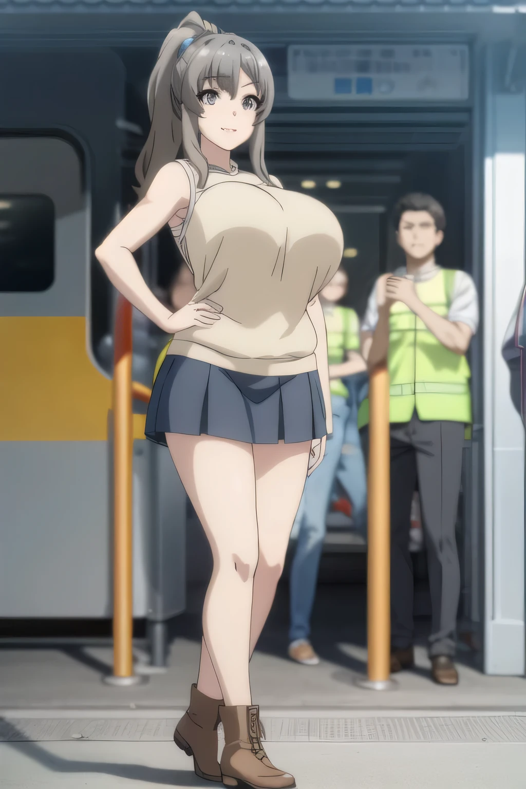 ponytail hair ,long hair，they look at me and smile,,Smile Yang,college students,in plain clothes,skirt，light blue panties that make your cheeks red，sleeveless,A woman with long waves even if she is slender and has big breasts,amazing thighs ，Beautiful legs，boots，Alone，standing，A woman waiting for a train on a station platform，Priority of facial expressions，face trimming is prohibited，Anime CG，uses vivid colors to express anatomically accurate hands and feet，eye, nose, and nose clearly and delicately，draw，turn your huge breasts costume into an even bigger breast costume,She's slightly taller and her legs are longer,can you draw a slender even in a super huge breast costume,Anime CGが必要，