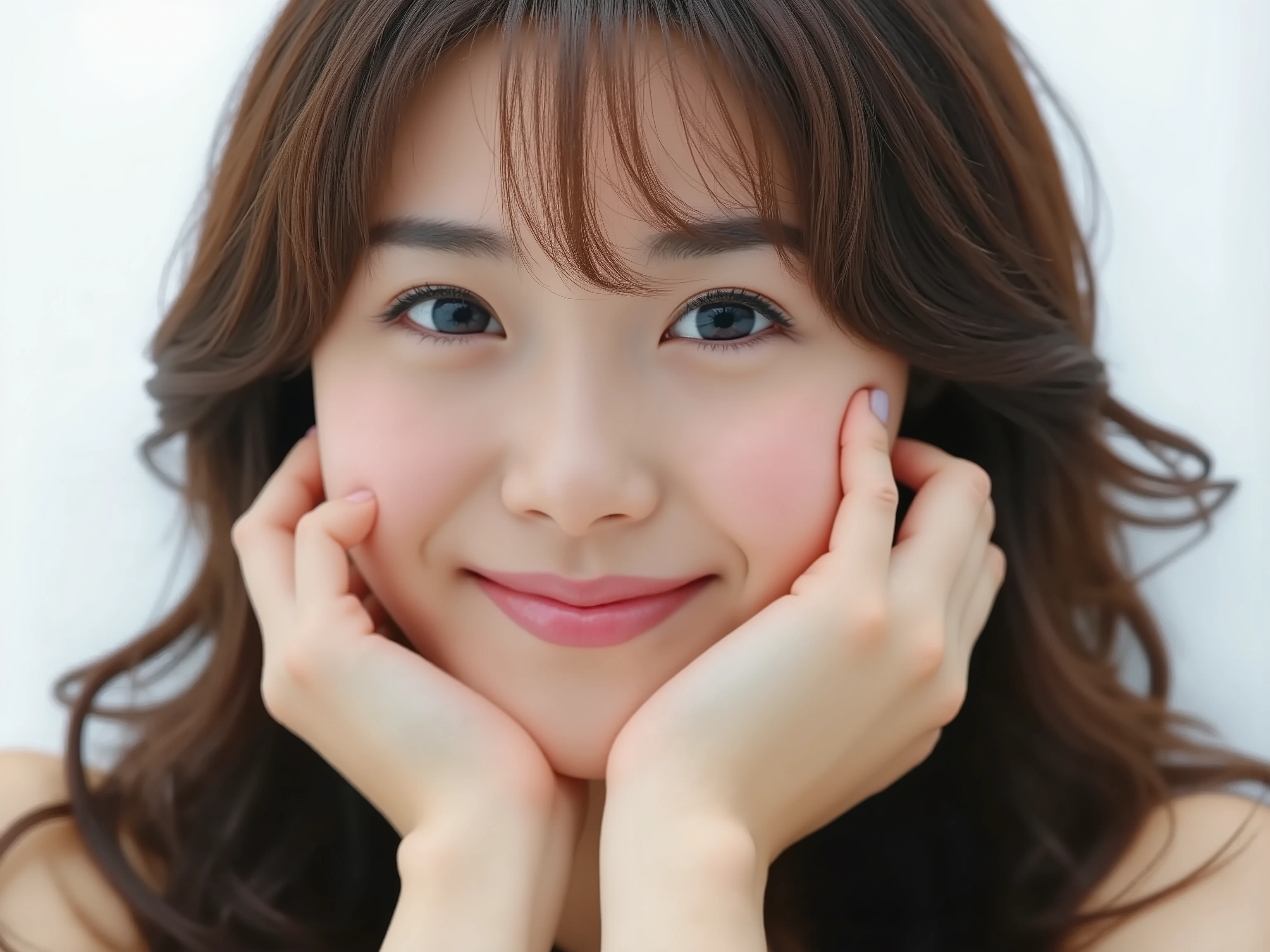 (Refined from an old photo, recreated in a modern, ultra high-quality photorealistic style, with a trendy Reiwa-era hairstyle: soft semi-long hair with natural waves and airy see-through bangs), 
Ultra photorealistic close-up portrait of a beautiful Japanese woman, 
upper-body shot, wearing a black outfit (completely out of frame, not visible), 
shoulders and collarbone softly exposed, 
both hands pressing her cheeks in a shy, lovestruck pose, 
sparkling eyes gazing dreamily at the viewer with overwhelming affection, 
cheeks blushing deeply with a sweet reddish glow, 
soft glossy lips curved into a bright, full, lovestruck smile, 
expression melting with love, playful, dreamy, adorably bashful, 
purely cute and lovestruck, overflowing with affection and warmth, 
realistic skin with detailed pores, subtle freckles, natural uneven tones, 
tiny imperfections for realism, soft peach fuzz visible, 
hair rendered with individual strands, slightly messy flow, natural matte shine, 
soft diffused cinematic lighting, natural depth, 
background pure white with gentle blur, 
(masterpiece, best quality, high resolution, intimate romantic close-up, cinematic magazine cover style)