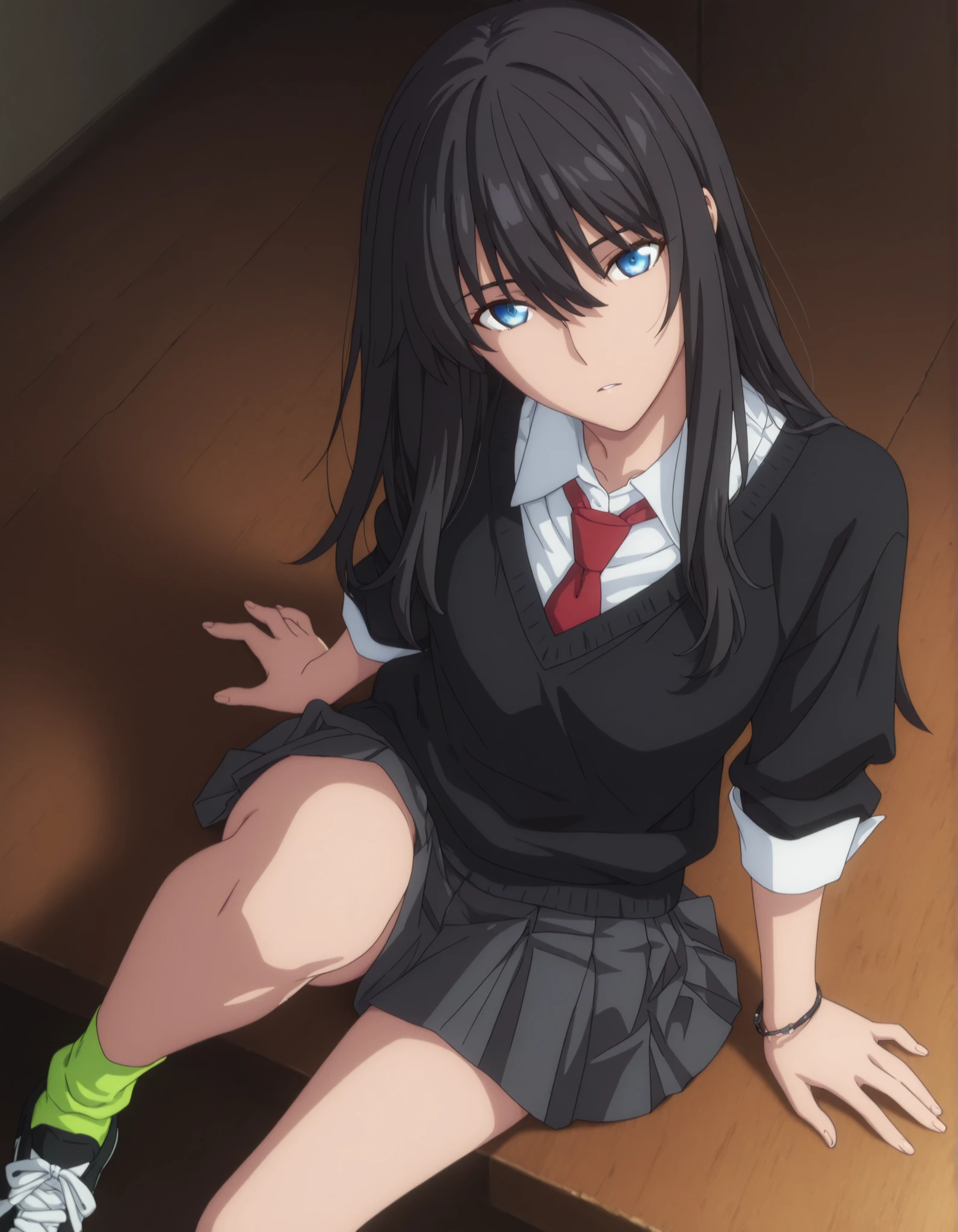 masterpiece, best quality, amazing quality, highres, absurdres, very aesthetic, high resolution, ultra detailed, perfect details, ufotable style, 1girl, solo, indoors, , (detailed background:1.2),from above, (room), , minami kano, long hair, ((black hair)), long bangs, hair between eyes, blue eyes, (detailed beautiful eyes), bracelet, (three-quarter sleeves, sleeve cuffs, black sweater, white shirt, collared shirt), red necktie, dark gray skirt, pleated medium skirt, green socks, ankle socks, sneakers, (small breasts, flat chest), , <lora:Kano_Minami_ILXL:0.8>,  (aged up:1.5),(), looking at viewer, (anime coloring:1.2), , pose, expressionless, parted lips, head tilt, sitting, slim body, slender body, slim arms,